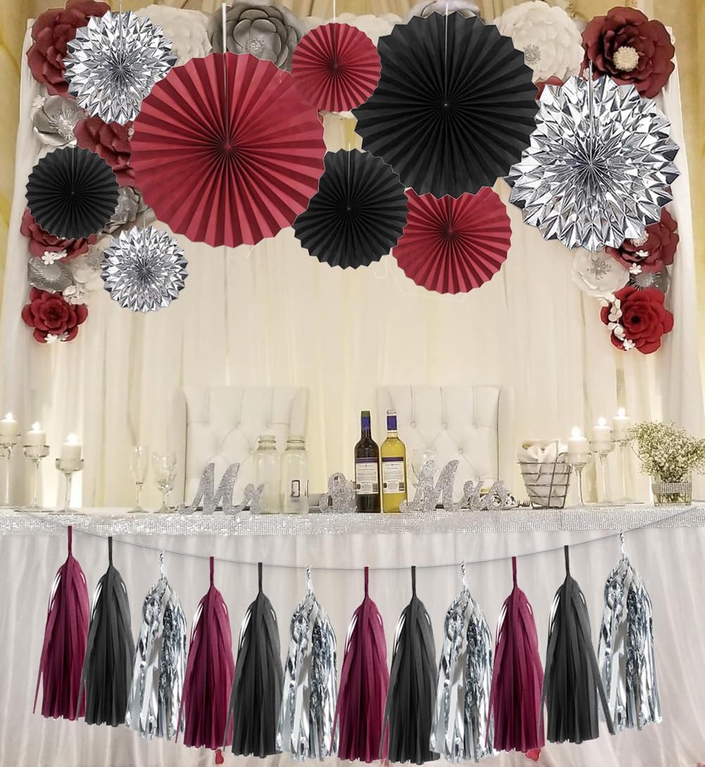 24PCS Maroon Decorations Burgundy Black Silver Party Decor Tassel Garland Banner Paper Flower Fans
