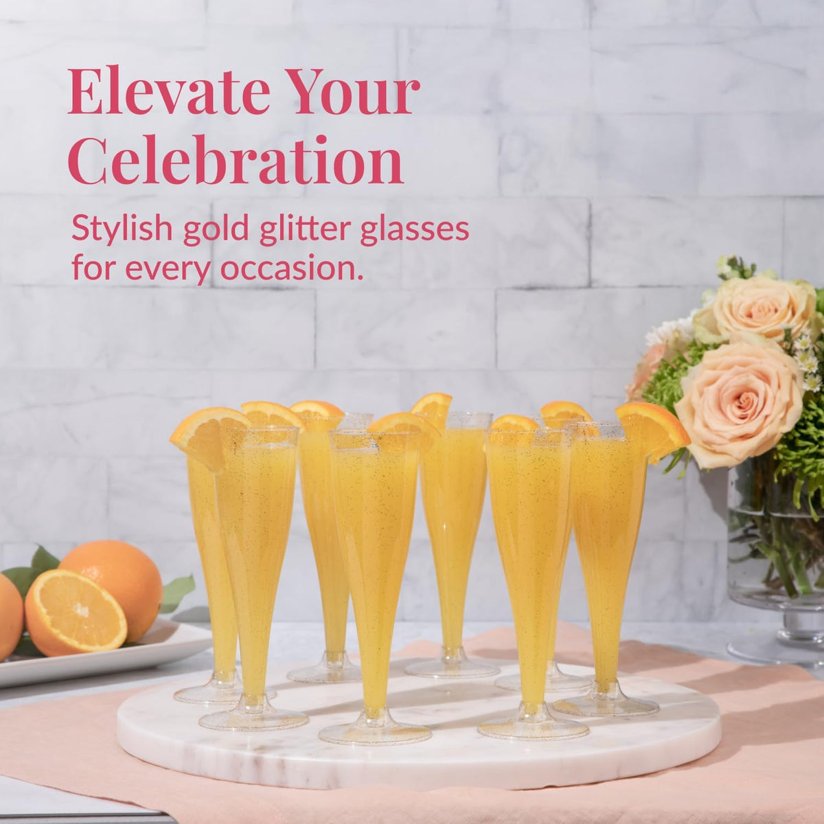Prestee 48 Pack Champagne Flutes Plastic Disposable - Gold Glitter Flute Glasses for Champagne