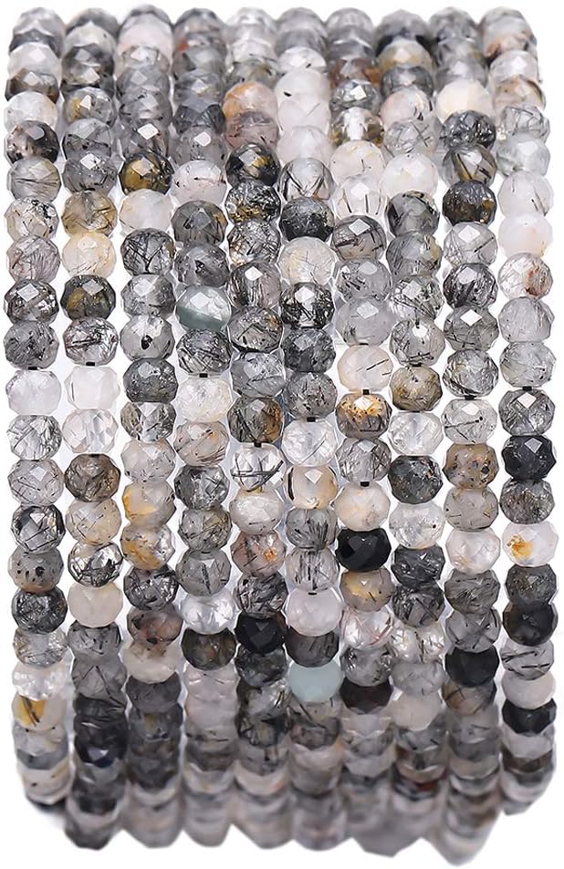 Faceted Natural Black QuartzRutilated Crystal Stone Rondelle 3x4mm Loose Semi Gemstone Beads for