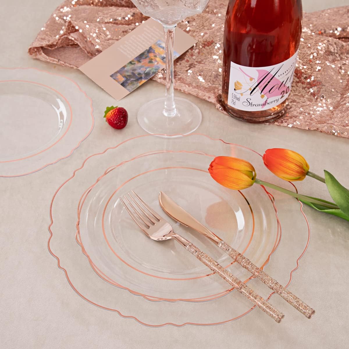 Liacere 150PCS Rose Gold Plastic Plates - Clear Rose Gold Disposable Plates with Glitter Bamboo