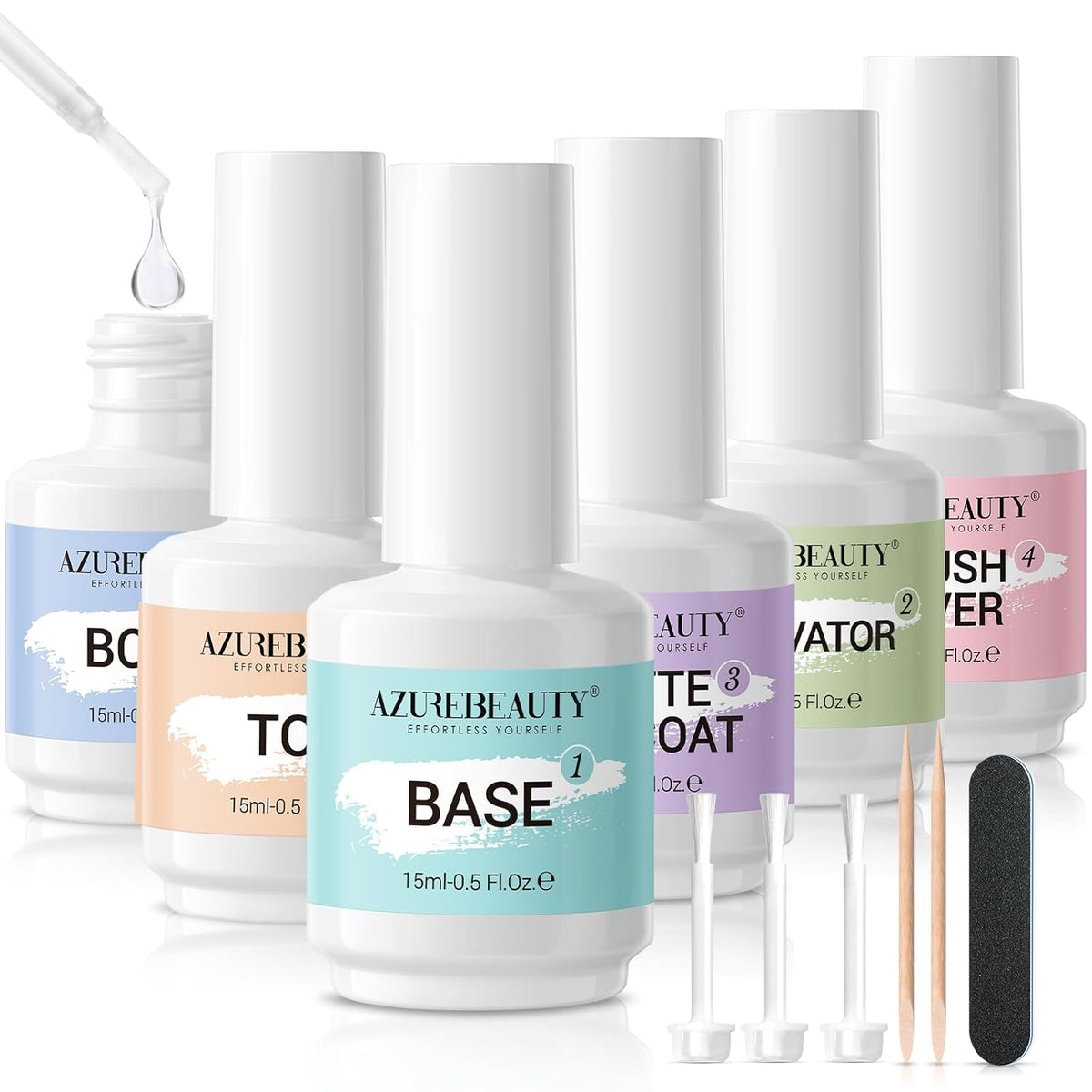 AZUREBEAUTY Dip Powder Liquid Set Bond, Base, Glossy Matte Top Coat, Activator, Brush Saver Dipping