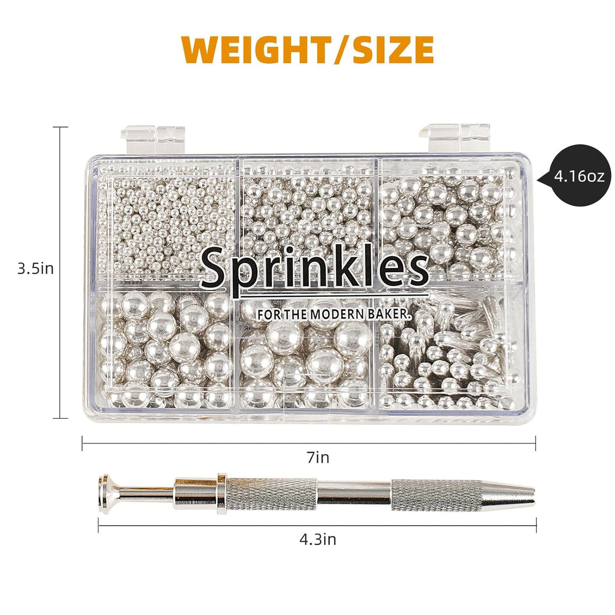 Kasvan silver Mix Sugar Sprinkles - Edible Candy Pearls with 4-Claw Sprinkle Pen,118g/4.16 Oz, Gift