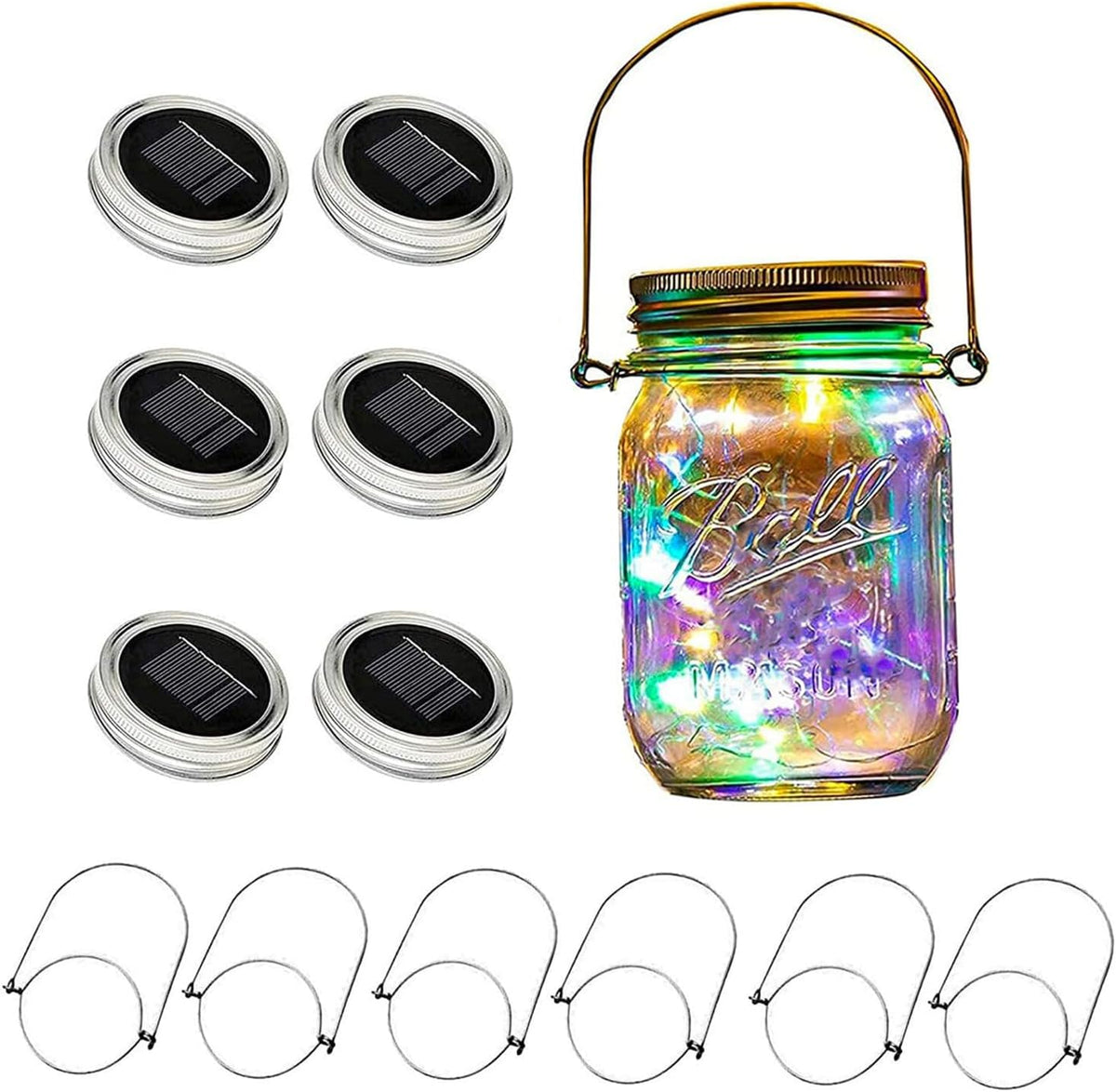 VOOKRY 6 Pack Solar Mason Jar Lights, 30 LED Mason Jar Lids Waterproof Firefly Fairy String Lights