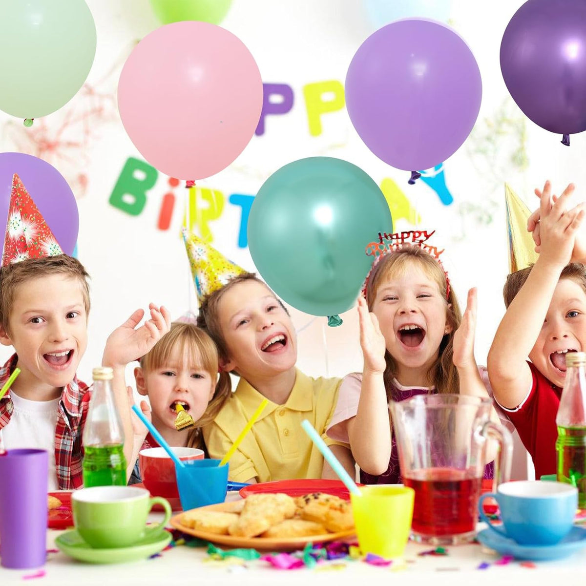Patimate Mermaid Party Balloons Set, 50 pcs 12 inch Pastel Purple Pink Green Metallic Purple Green