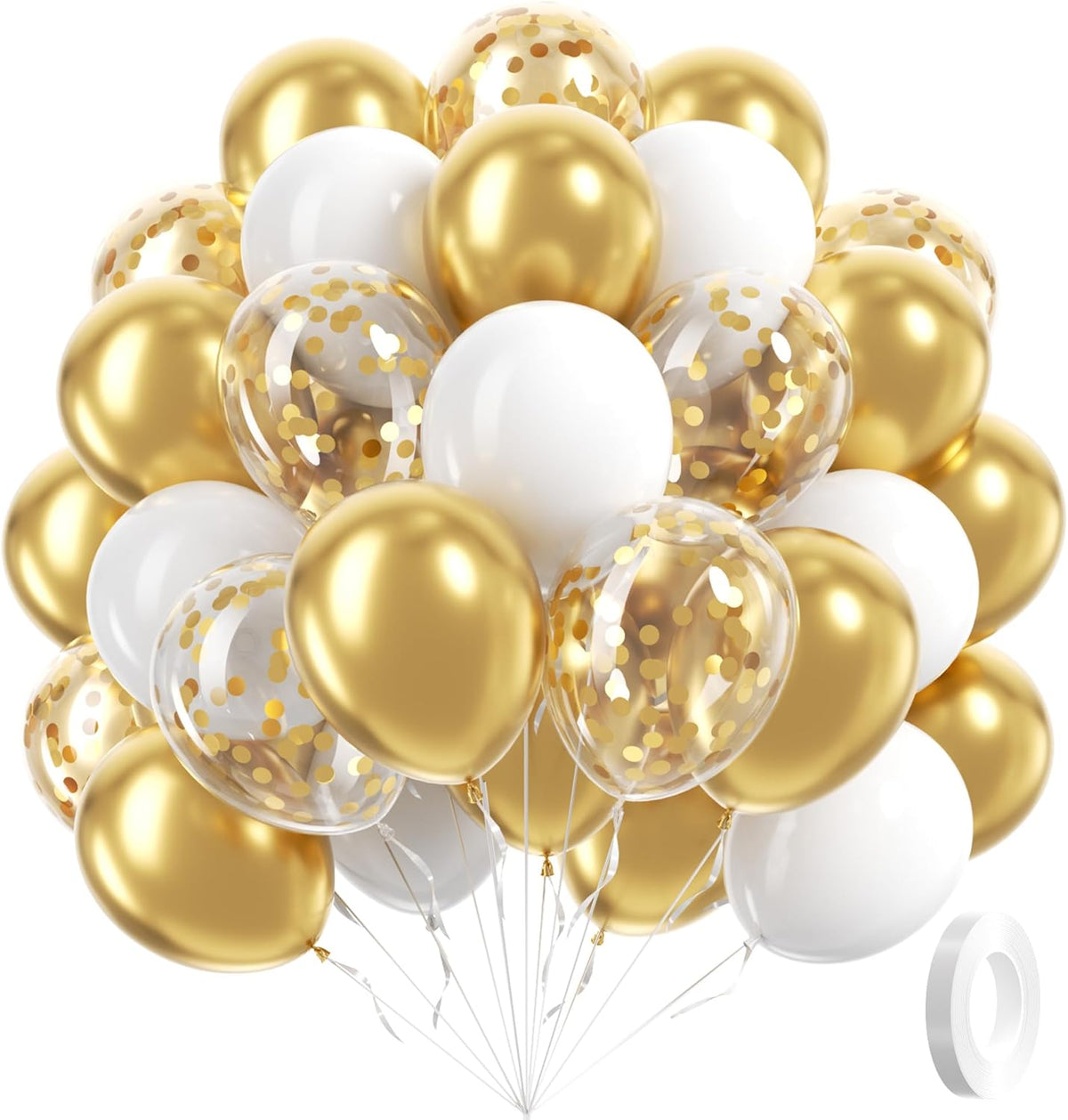 60pcs Gold and White Balloons 12inch, White and Gold Balloons with Metallic Gold Confetti Balloons