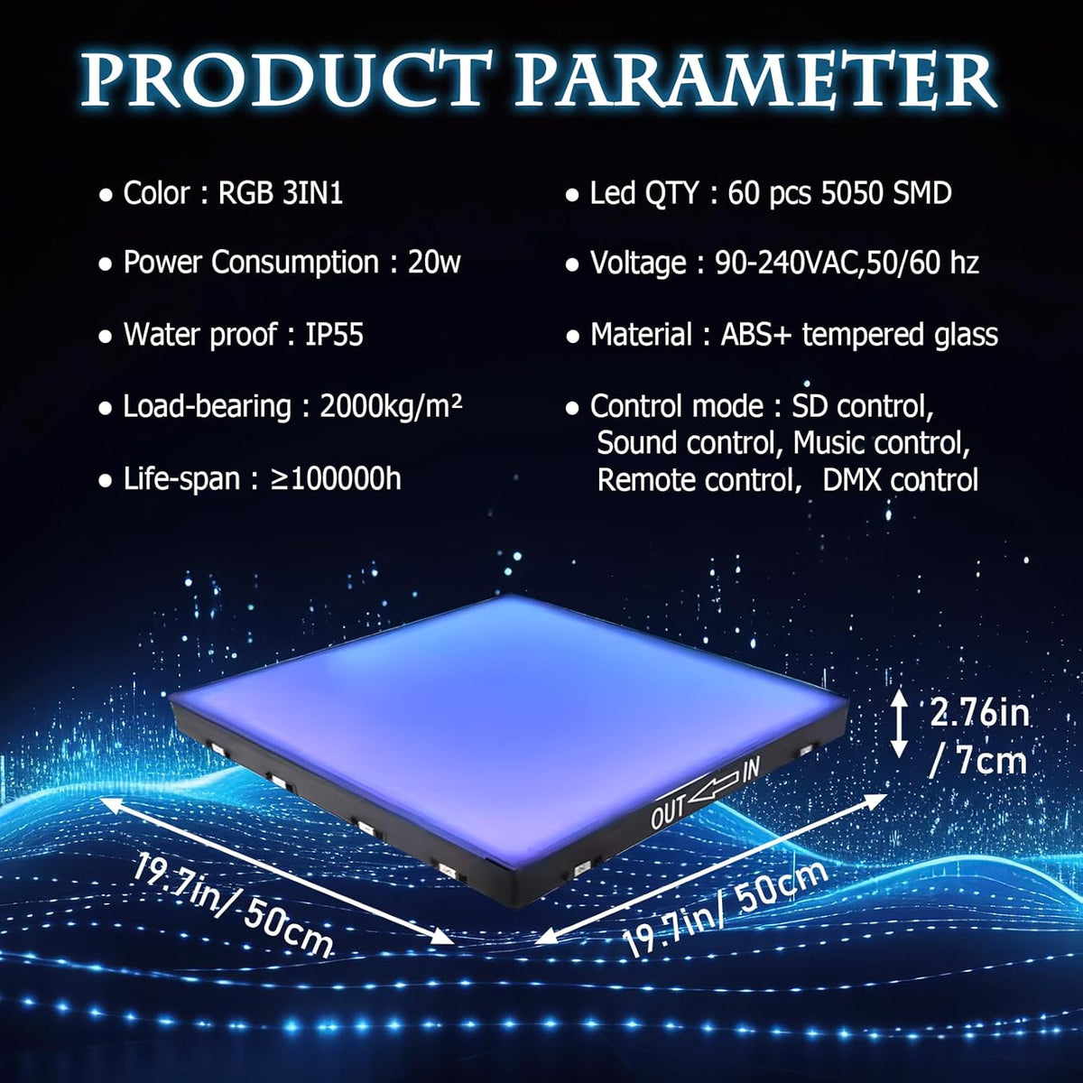 Dance Floor Stage Lights-Tempered Glass with Flight Case - RGB Color Changing Lights for Wedding
