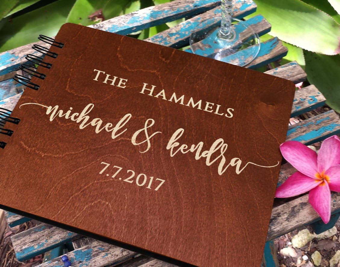 Wooden Wedding Guest Book (8.5"x 7" Mahogany Stain) Personalized Wood Rustic Charm Engraved for