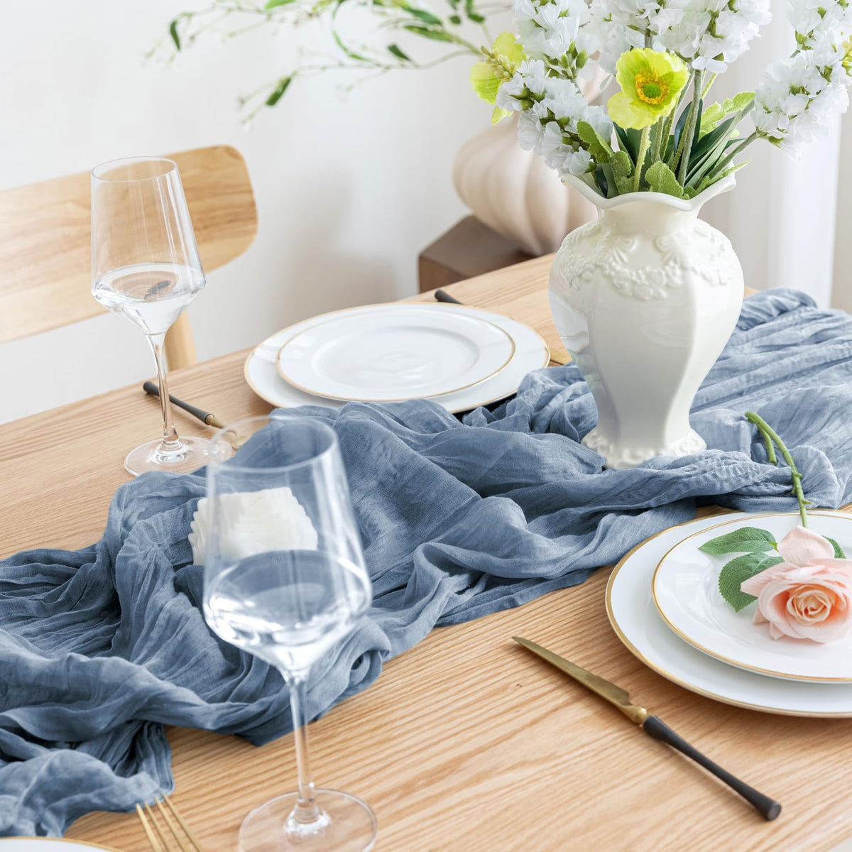 Asee'm 12pcs Cheesecloth Table Runner 120 Inches Long Dusty Blue Boho Gauze Cheese Cloth Runner