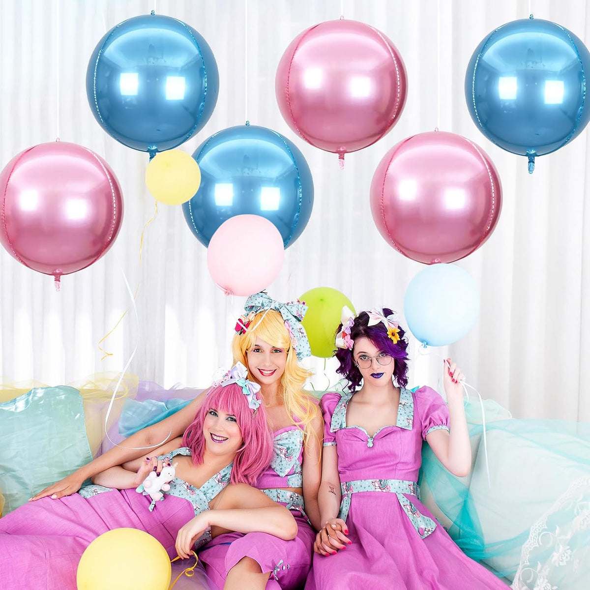 6Pcs blue Pink Round Foil Balloons,Giant 4D Round Ball Balloon,22 Inch Metallic blue Pink Balloons