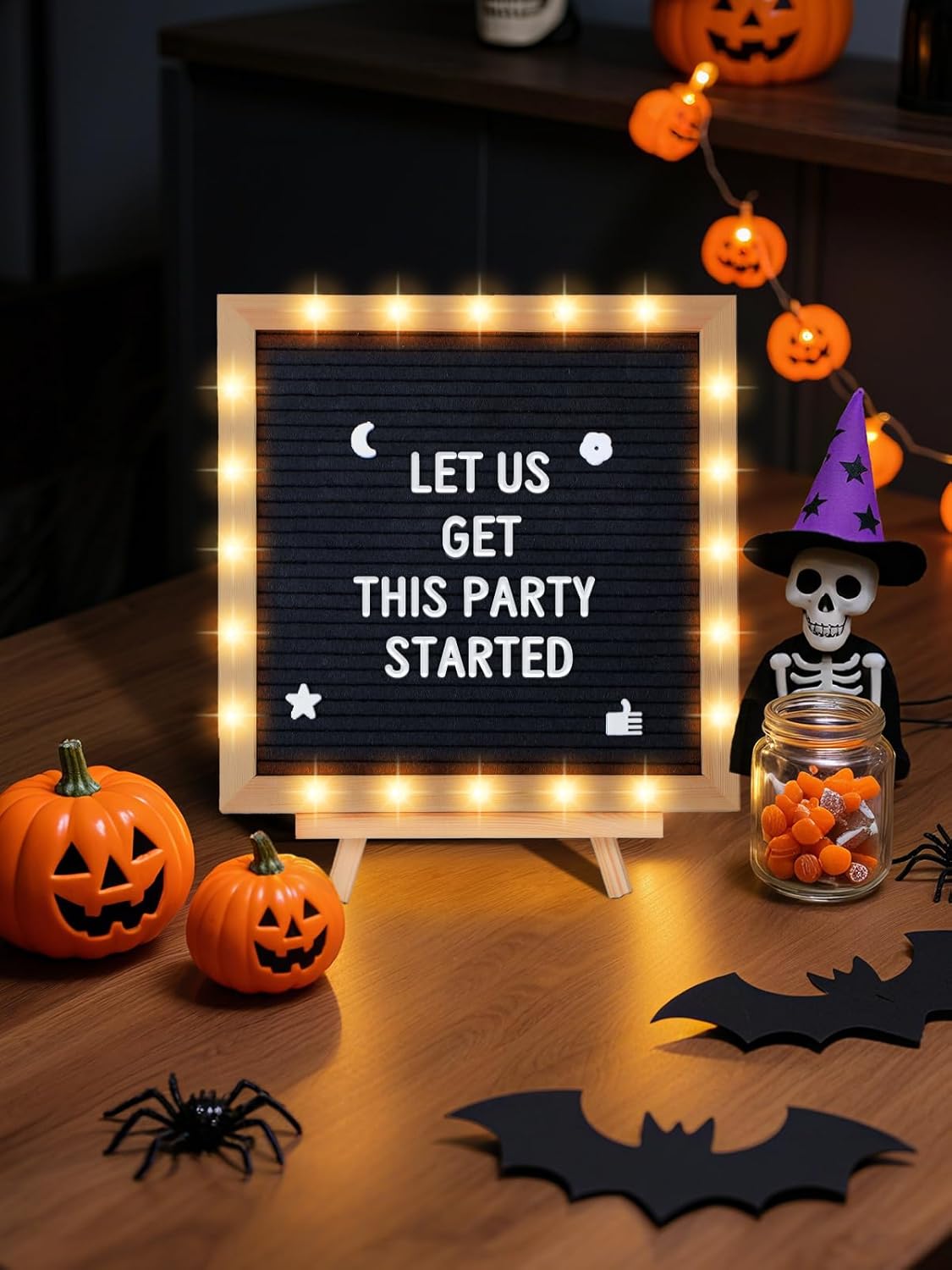 Light up Changeable Felt Letter Board Sign with LED Lights - 10×10" Message Board & Wood Stand &