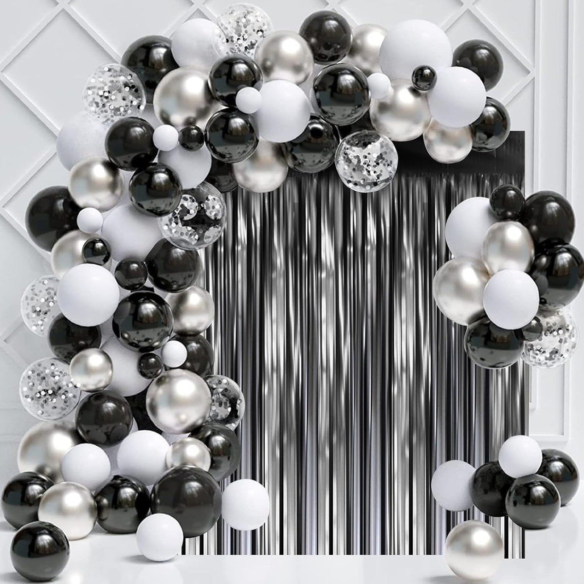 3 Pack 3.3 x 8.2 ft Matte Black Foil Fringe Backdrop Curtains,Gray Tinsel Streamers Party