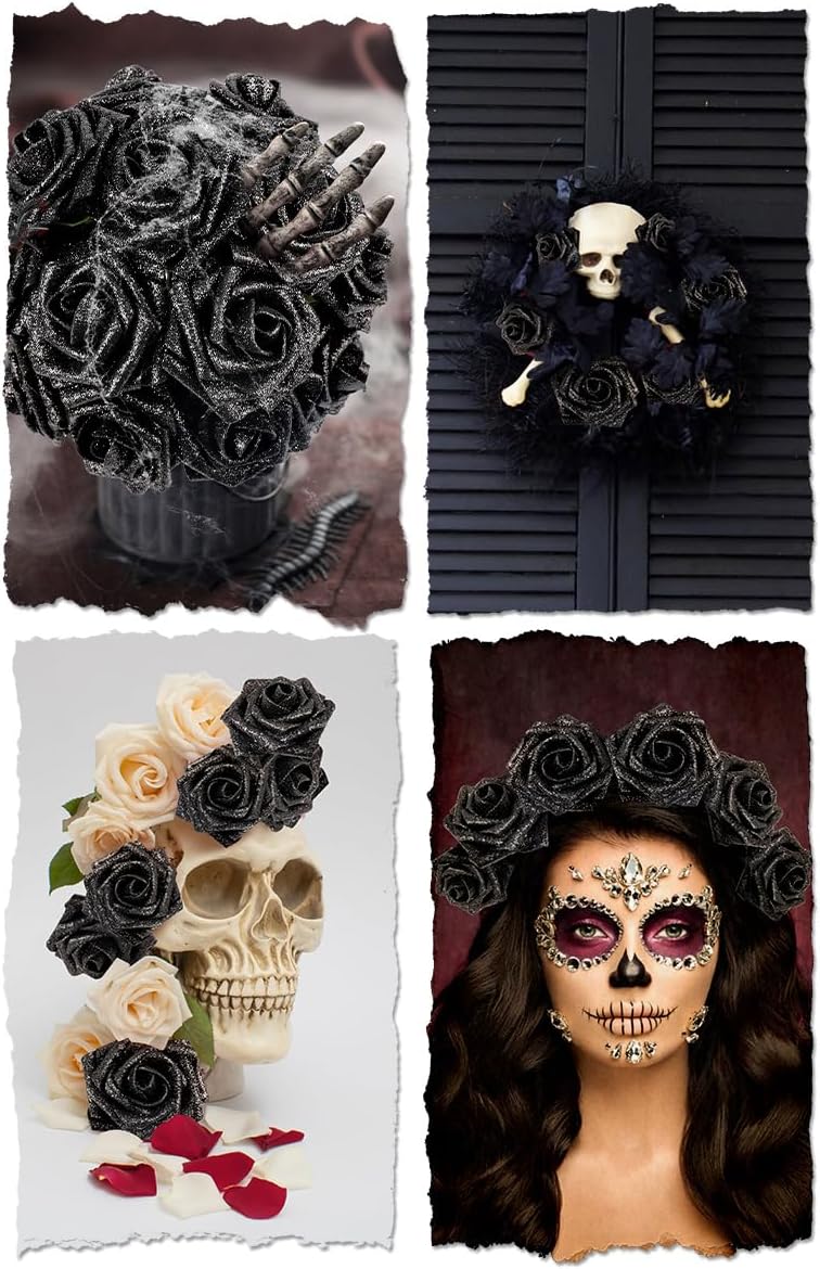 N&T NIETING Artificial Flowers Black Glitter Flowers Foam 25pcs Glitter Roses Real Looking Fake
