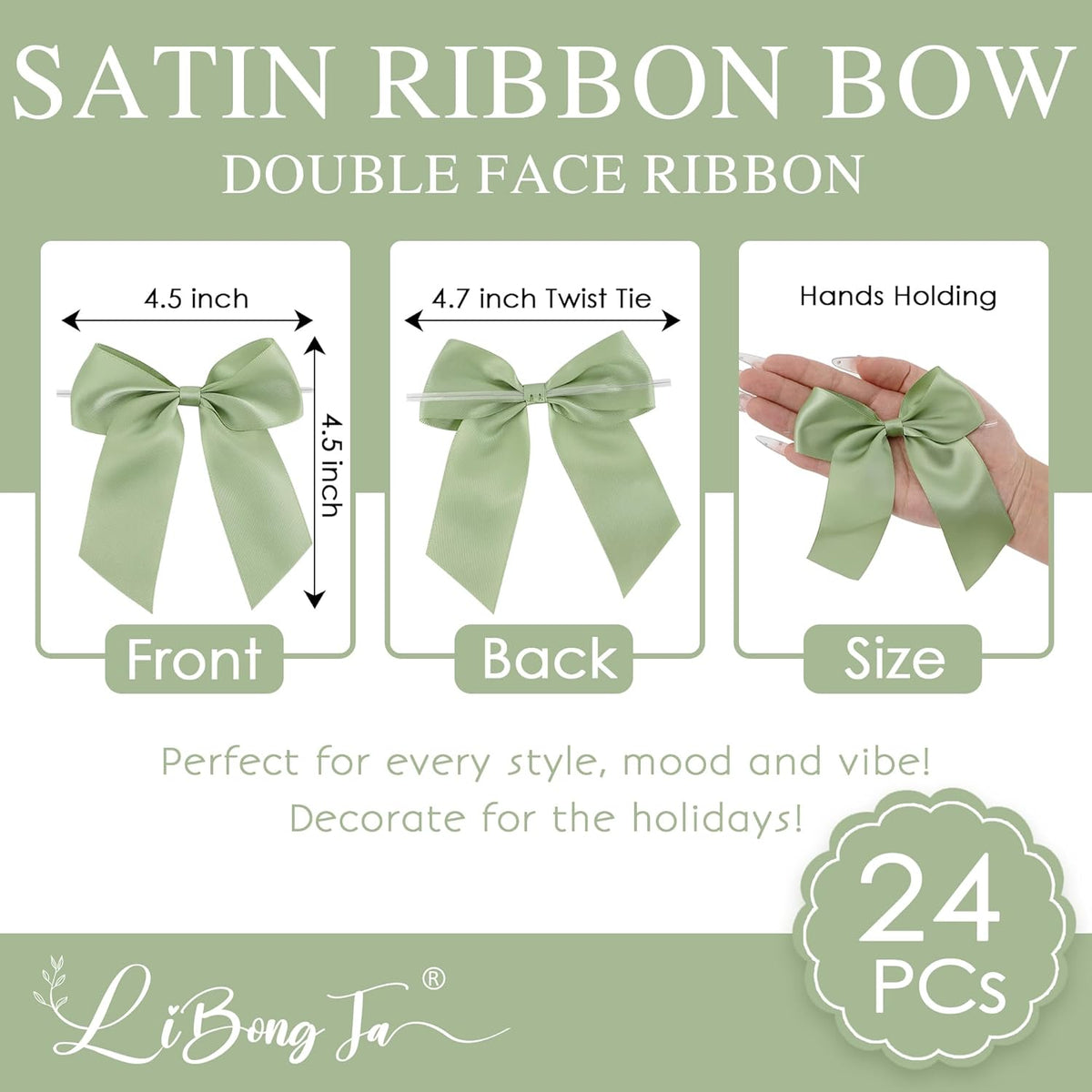 4.5" Satin Ribbon Sage Green Bows for Gift Wrapping, Twist Tie Bows, Cute Bows for Crafts, Party