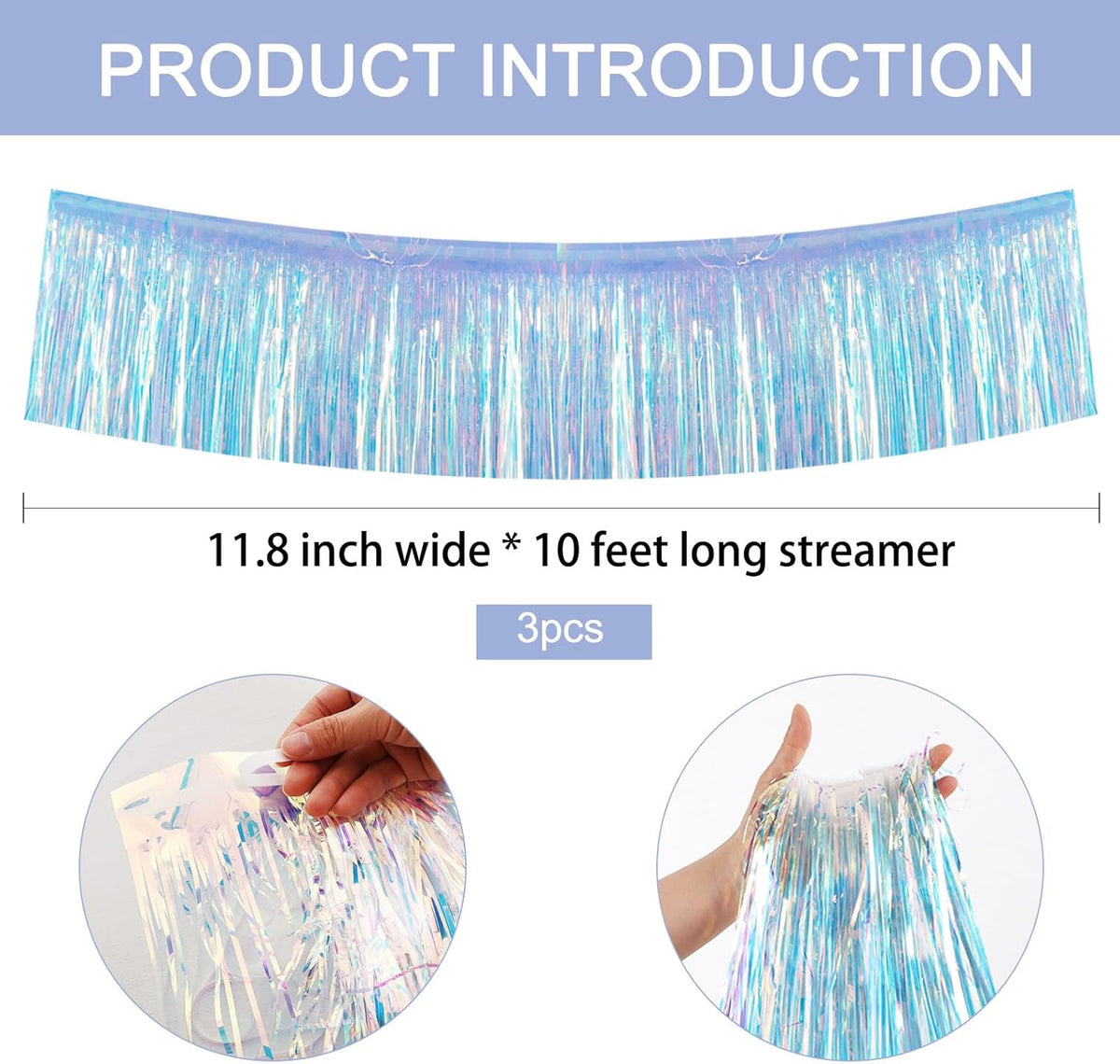BEISHIDA 3 Packs 30 Feet Metallic Foil Fringe Garland Tinsel Streamers，Iridescent Blue Wall Hanging
