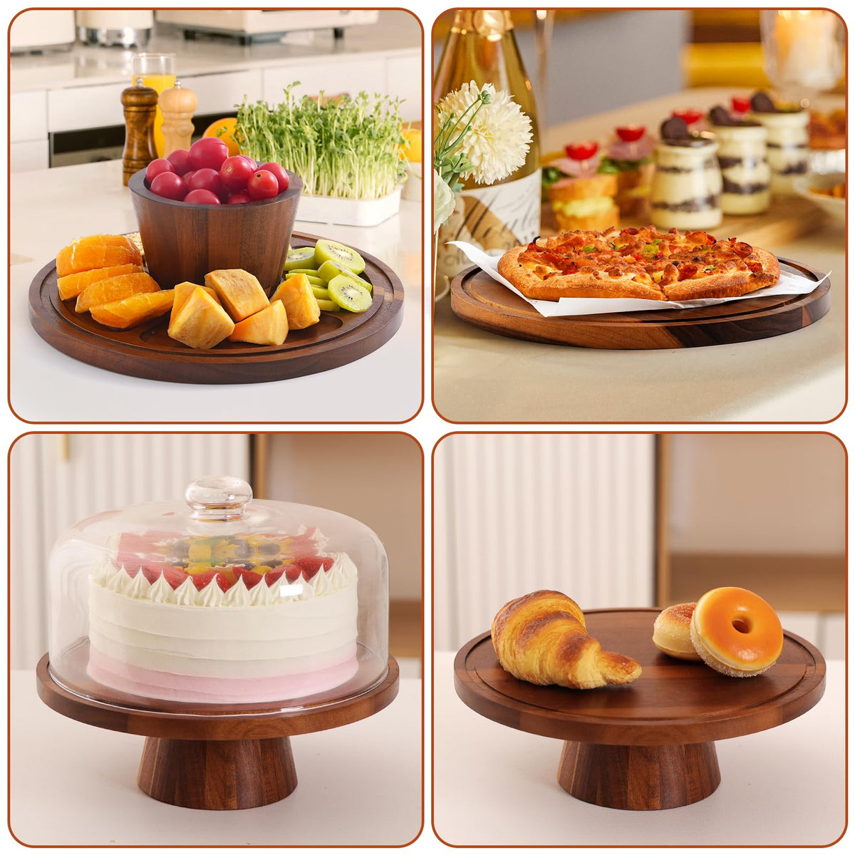 Acacia Wood Cake Stand with Glass Lid–12" Magnetic Base for Parties&Kitchen