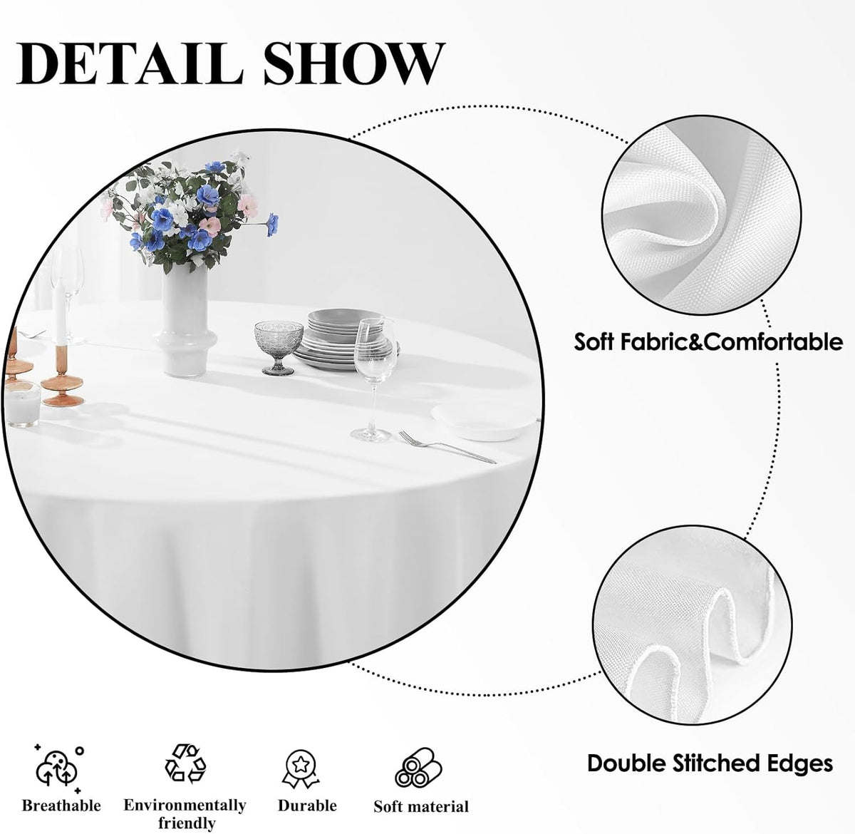 Round Tablecloth 8 Pack 90 Inch White Tablecloths Washable Decorative Linen Polyester Table Clothes