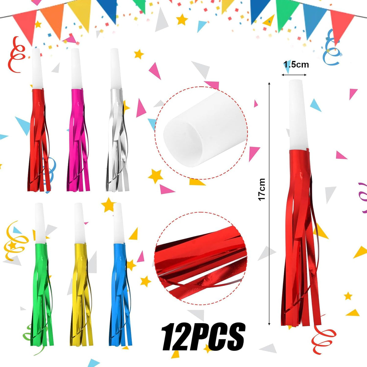 12pcs Glitter Fringed Party Blowers, Colorful Birthday Blow Horns Funny Noise Makers Party Favors