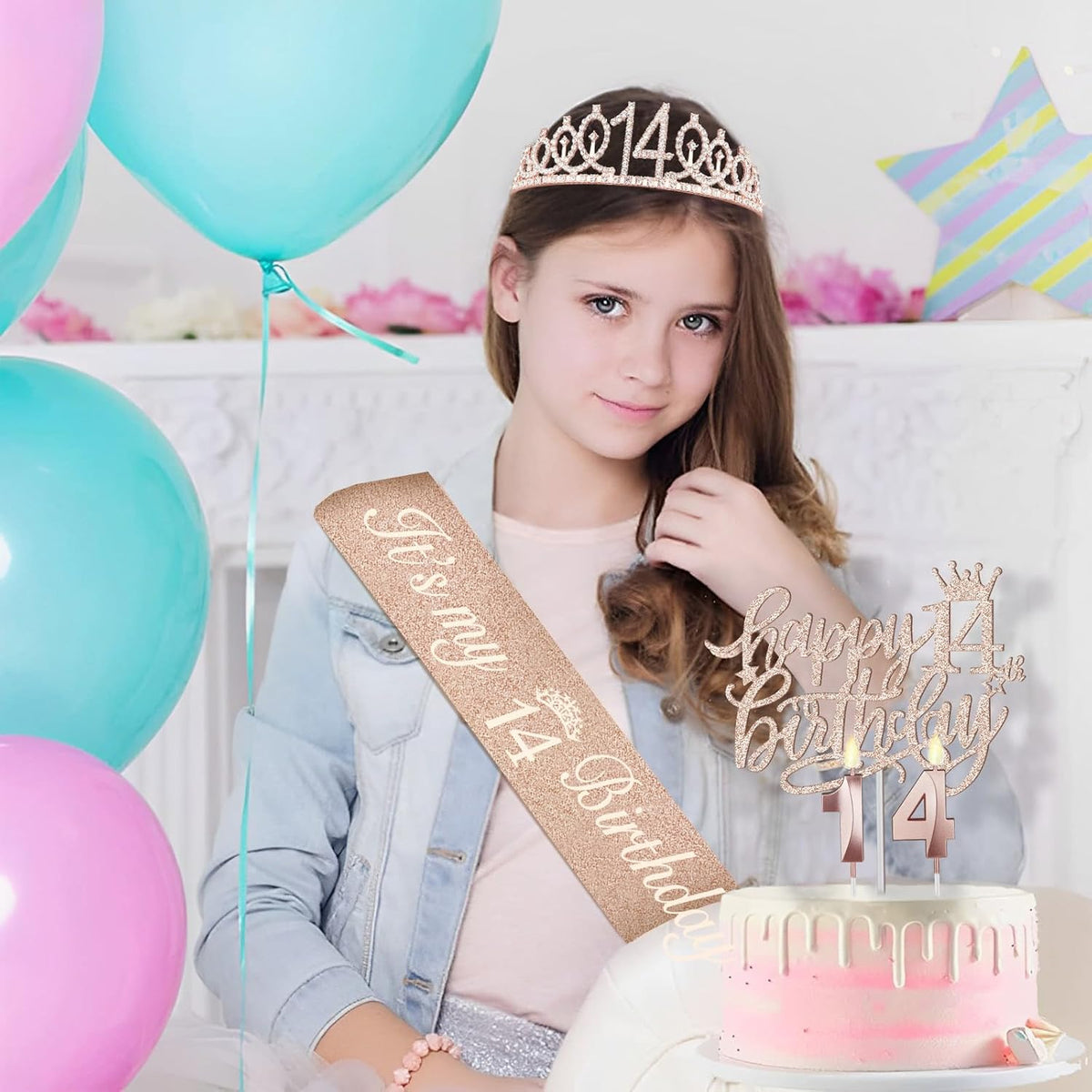 14th Birthday Decorations for Girls Including Birthday Sash and Tiara, Candles and Cake Topper, 14