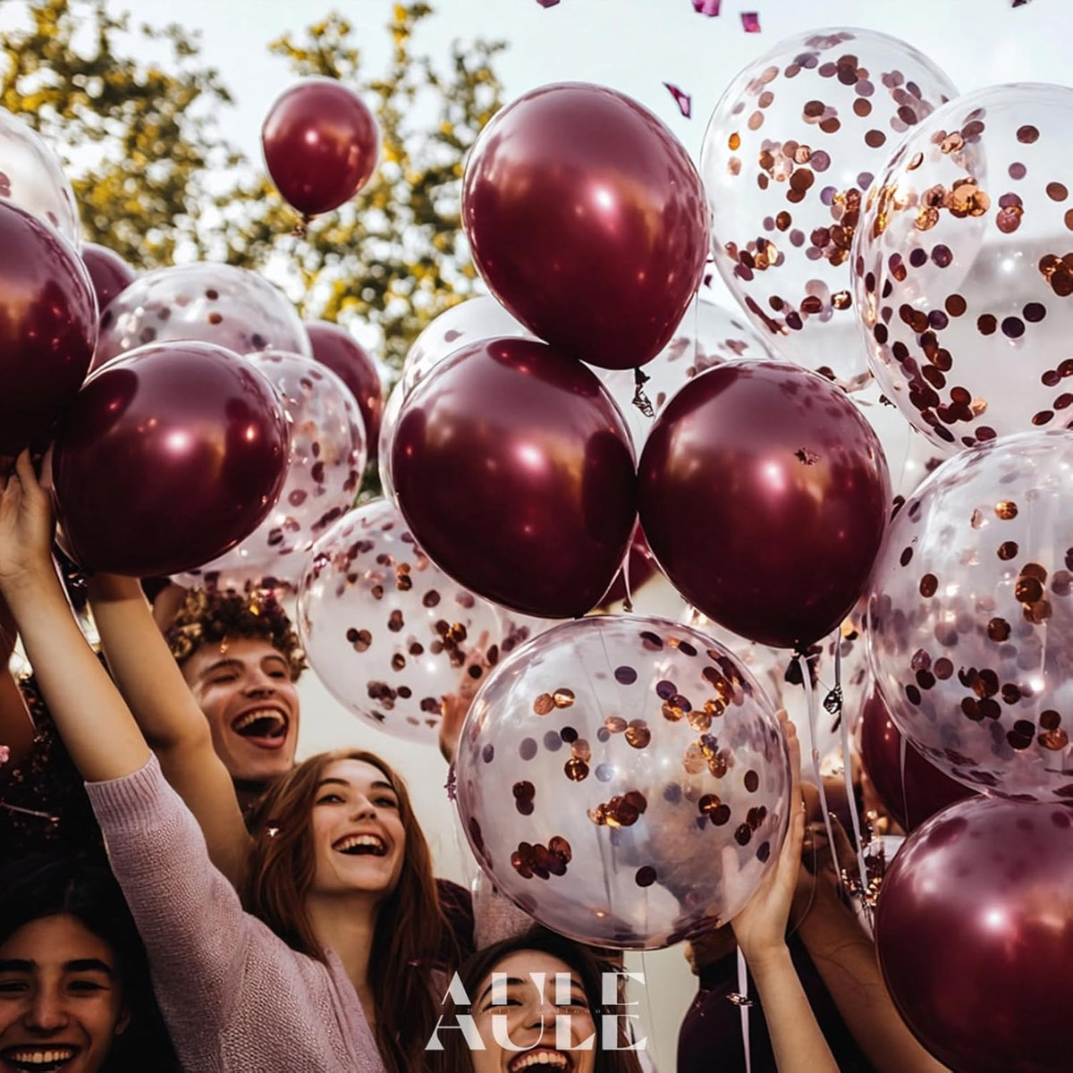 AULE Party Balloons Pack of 42 - Metallic Burgundy Balloons and Confetti Latex Helium Balloons With