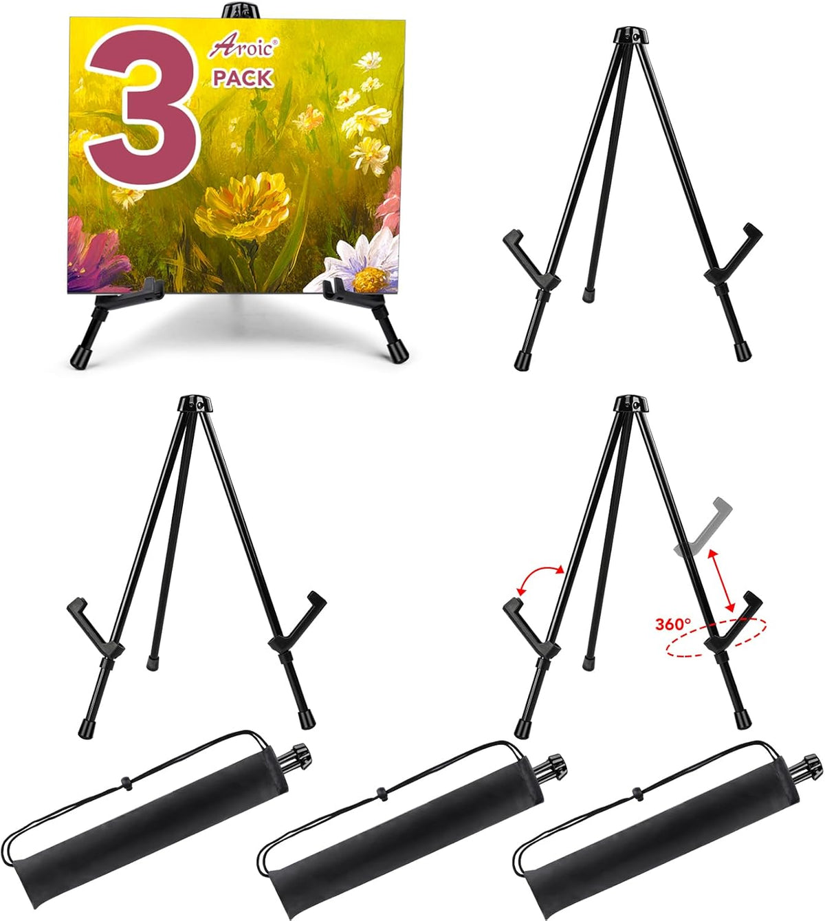 AROIC 3 Pack 14'' Tabletop Easels, Black Steel Table Top Easels for Display, Adjustable Portable
