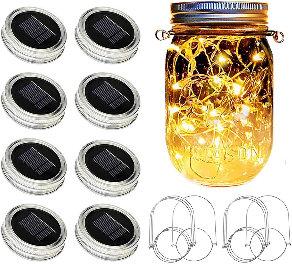 Solar Mason Jar Lights [Updated], 8 Pack 20 LED Waterproof Fairy Firefly Jar Lids String Lights