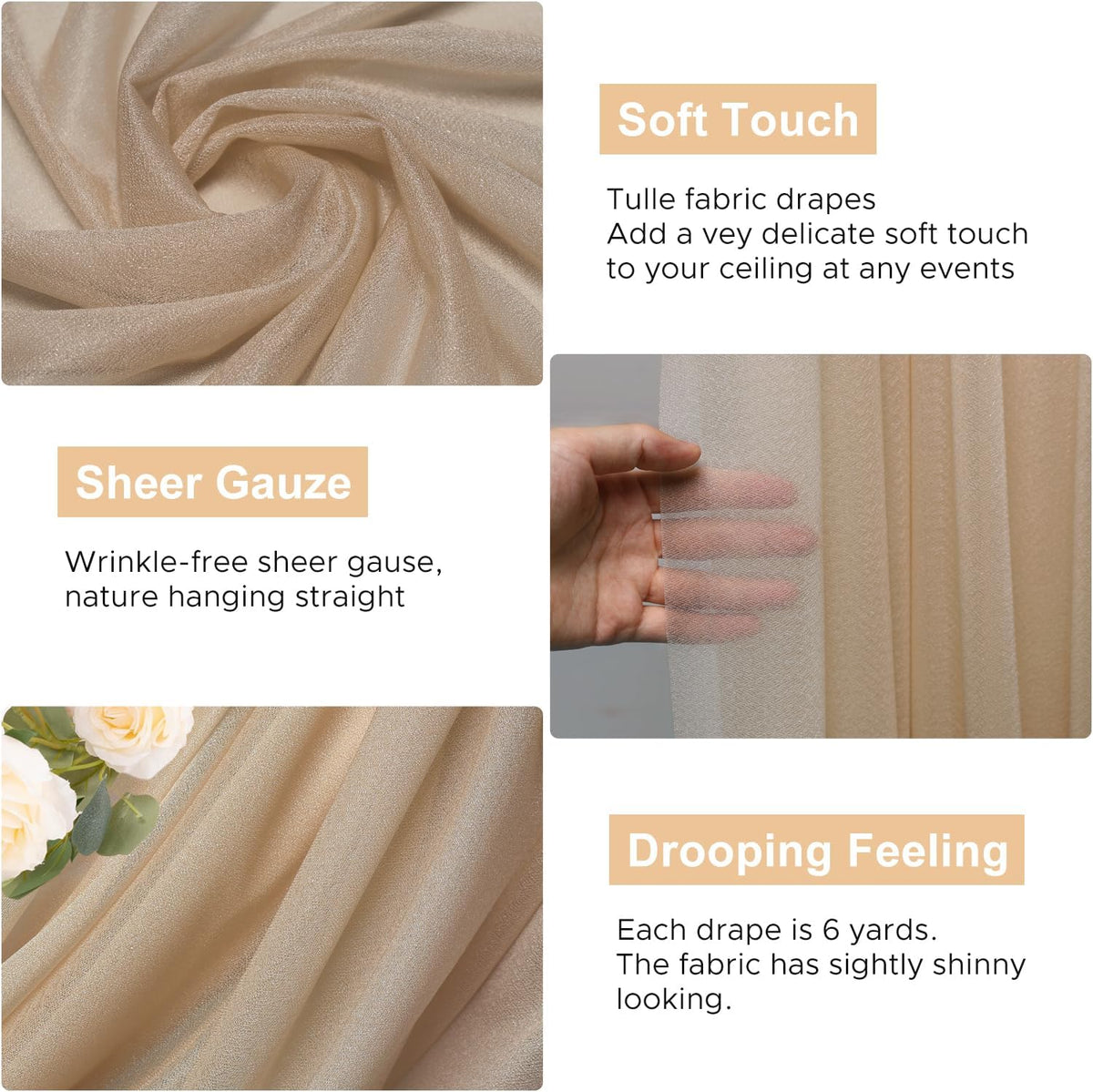 Wokceer Wedding Arch Draping Fabric Nude 3 Panels 28.7" x 20FT Sheer Drapes Backdrop Arch Draping
