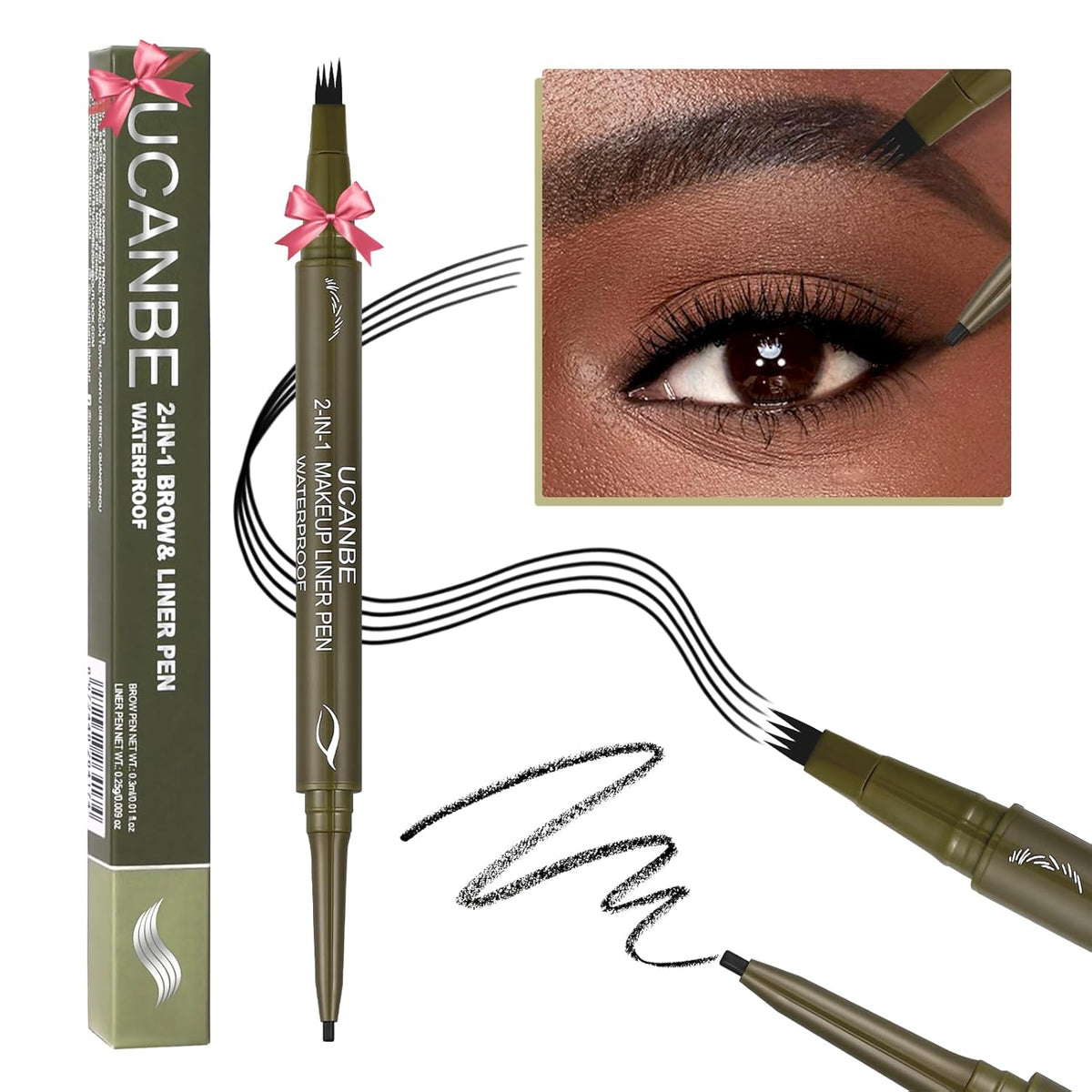 UCANBE Eyebrow Pen, Dual-Ended Eyebrow Pencil with 4-Fork-Tip & Gel Eyeliner for Women, Eye Brow