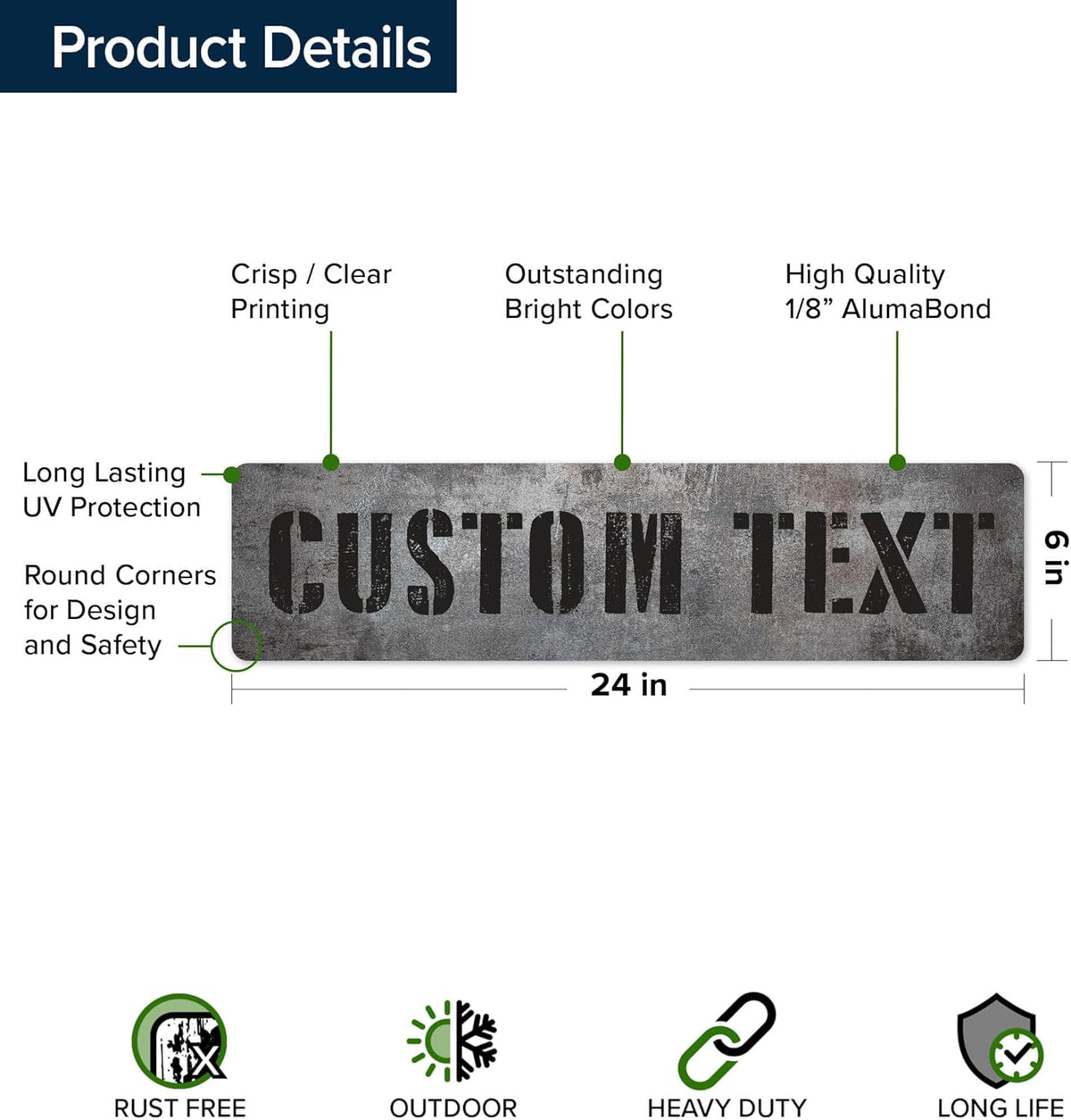 Custom Sign, Custom Street Sign, 11 Font Colors, 13 Font Styles, 4 Hole Options, 22 Sizes, 6x24