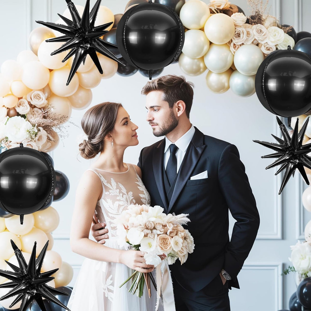 6Pcs Black Foil Balloons,22Inch Black 4D Round Ball Balloon and Explosion Star Balloon for Birthday