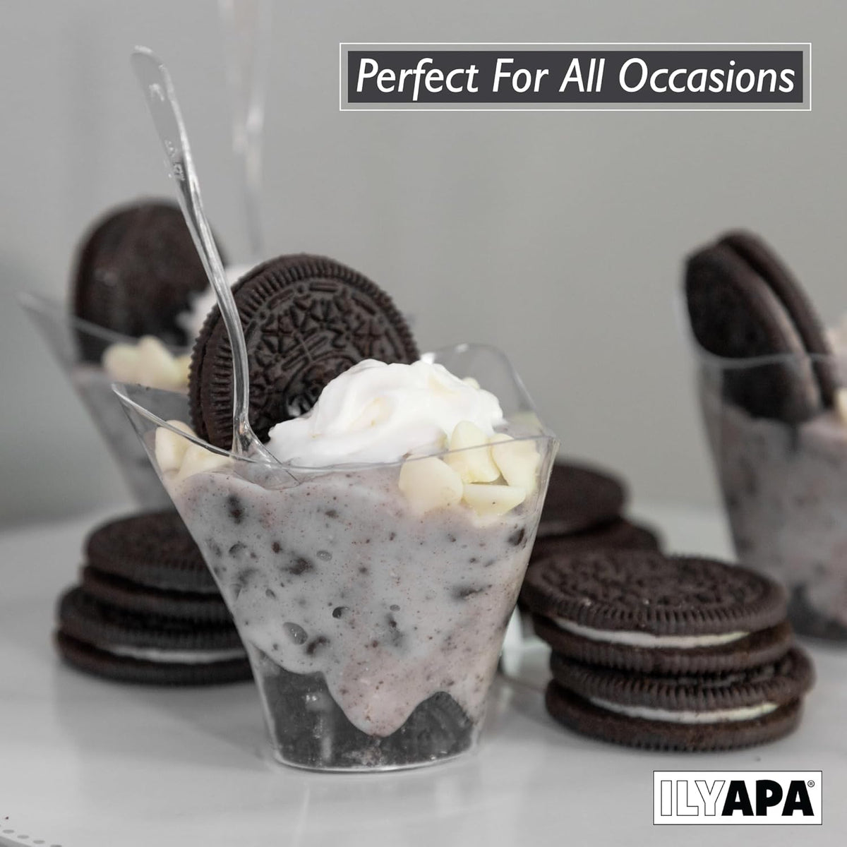 Ilyapa 3.5oz Plastic Dessert Cups - 100 Pack Mini Dessert Cups with Spoons - Clear Reusable Small