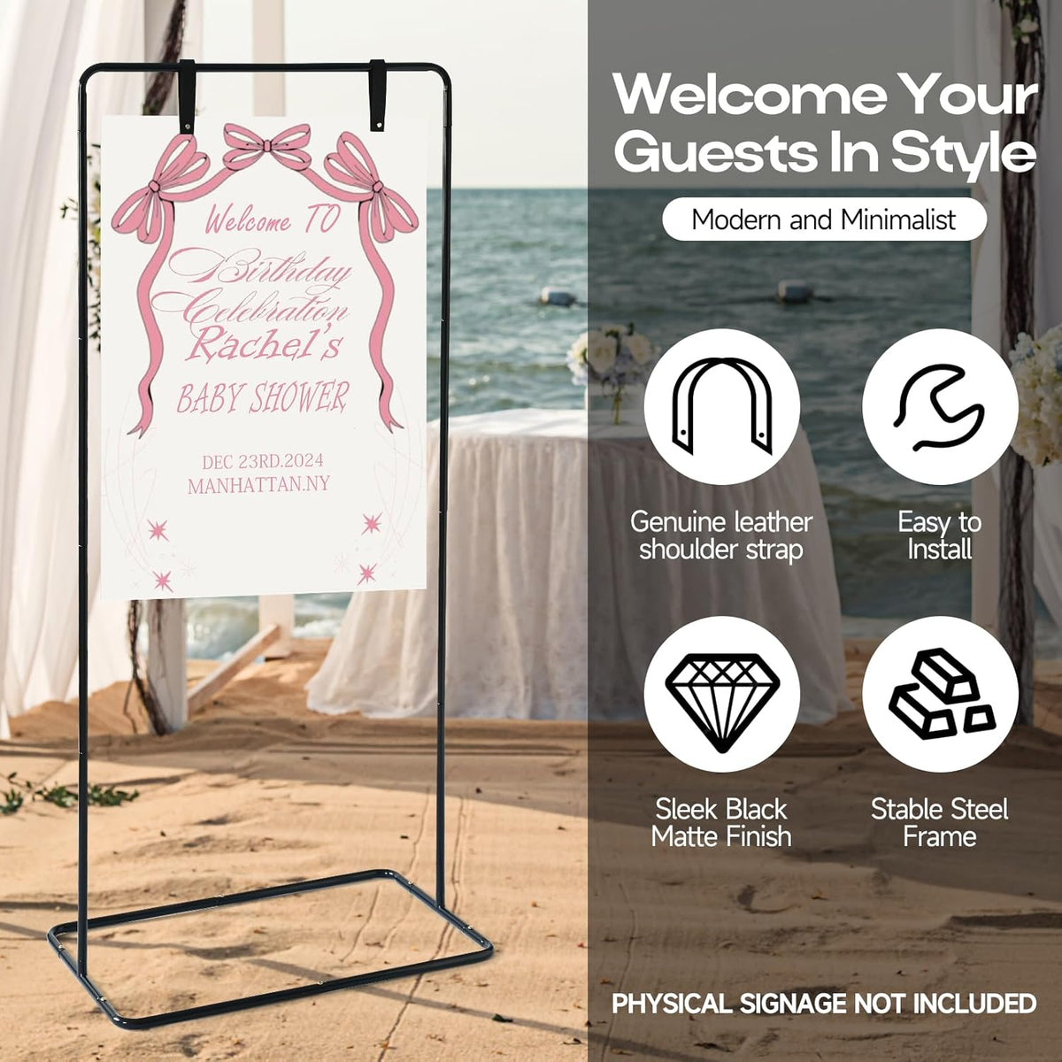 Wedding Sign Stand - Adjustable Wedding Sign W/Design Bundle & Leather Sign Hanging Straps, Durable