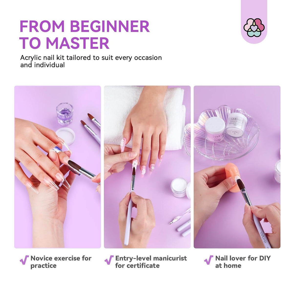 SAVILAND Essentials Acrylic Nail Kit for Beginners: White Pink Clear Acrylic Powder and Liquid Set