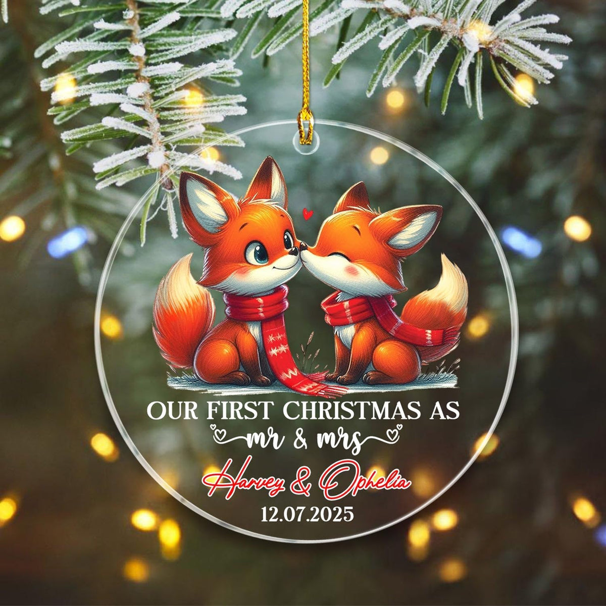 Personalized Our First Christmas As Mr & Mrs Ornament, Custom Date/Name Mr & Mrs Fox Married Xmas