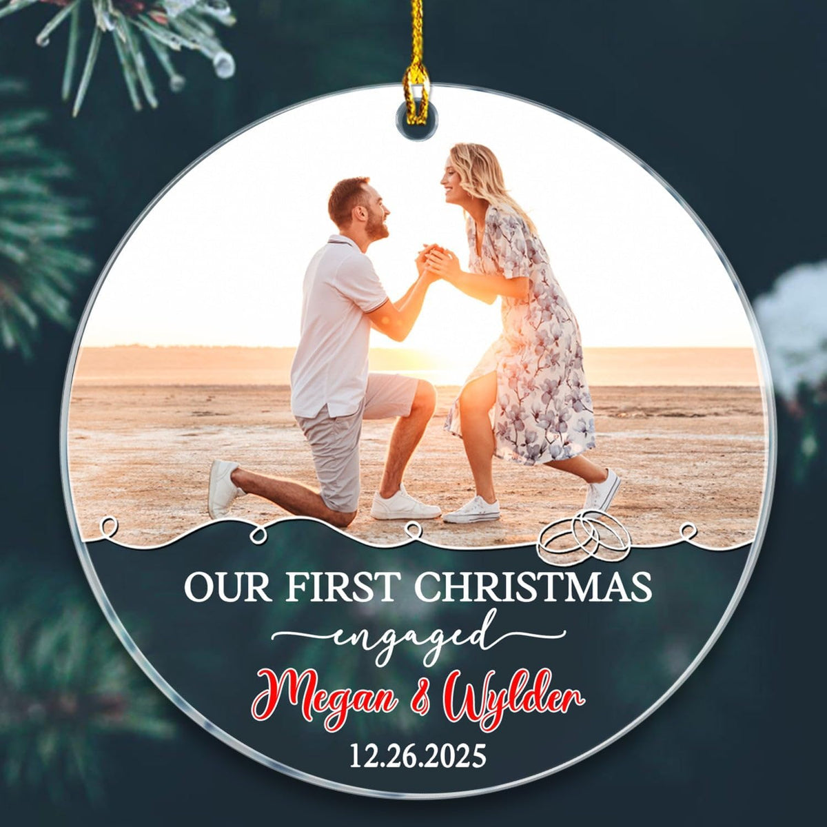 Our First Christmas Engaged Ornament, Customized Name Date & Photo Couple Just Engaged Ornament