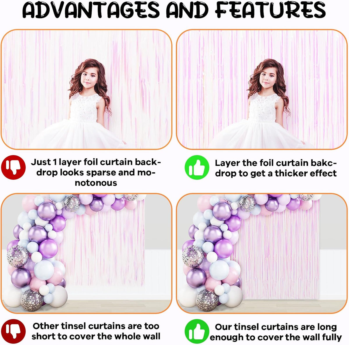 2 Pack Iridescent Tinsel Foil Fringe Curtains, Iridescent Party Decorations, Metallic Tinsel Party