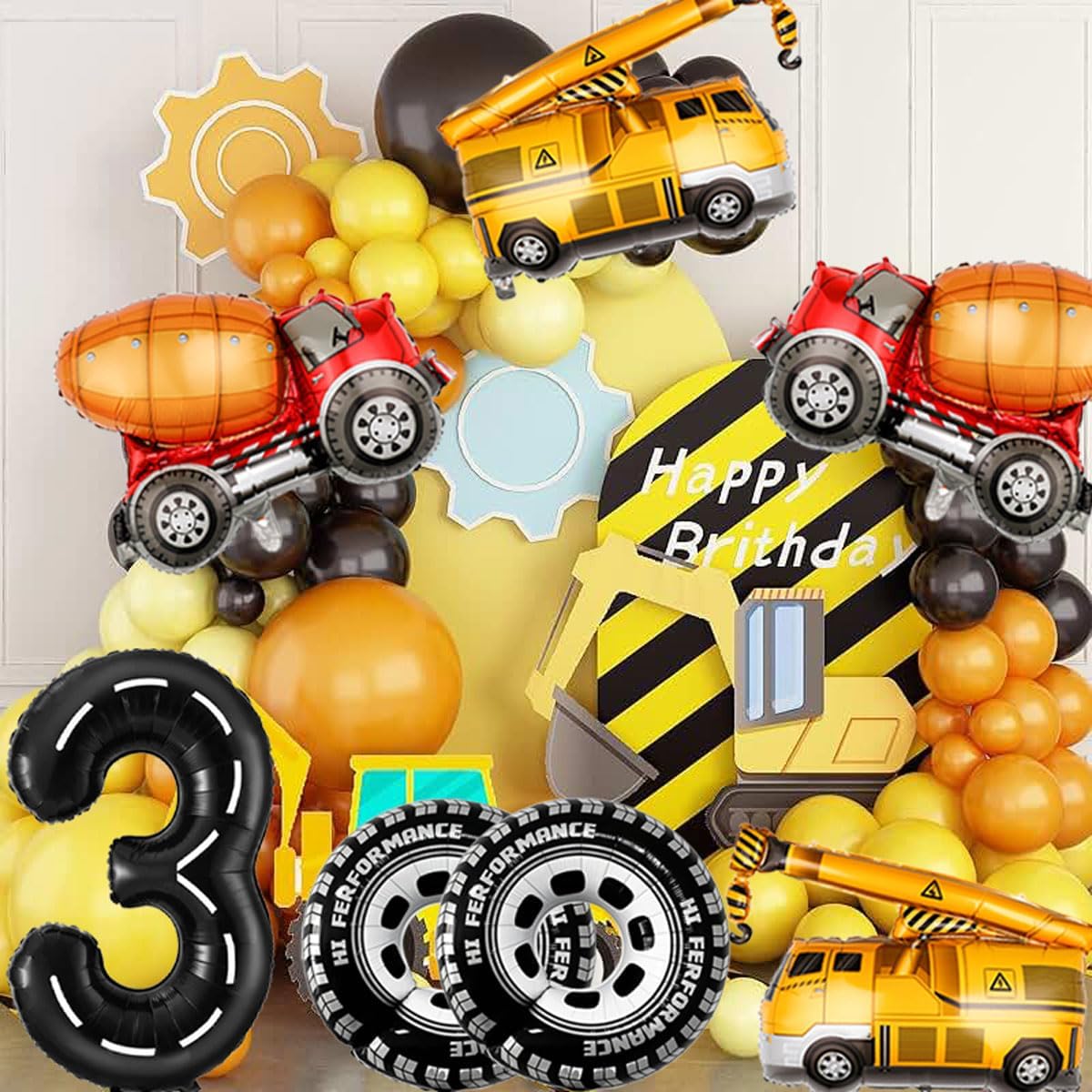 3rd Birthday Decorations for Boys Construction Balloons 40inch Number 3 Balloons Truck Foil Balloon