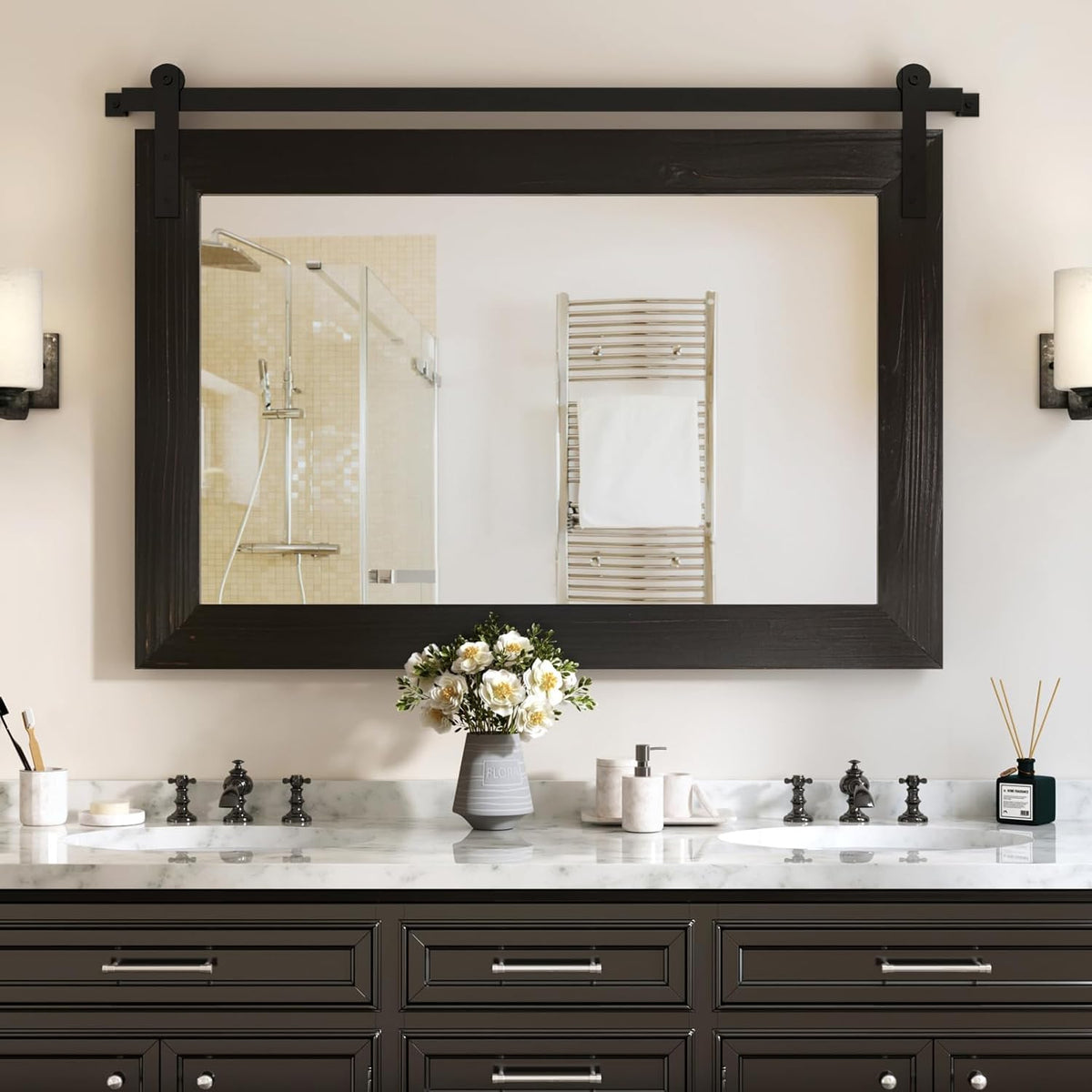 COGOOD Farmhouse Barn Door Mirror - 41" x 26" Rustic Wood Framed Wall Mirror for Bathroom, Living