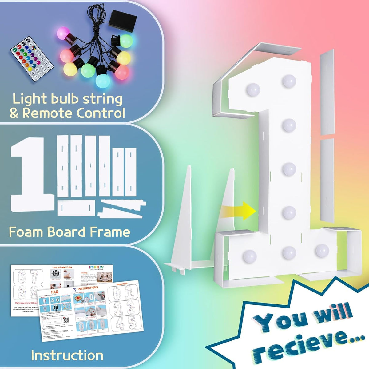 imprsv 3FT Colorful Marquee Numbers,18 Colors Number 1 with Remote, Light Up Numbers Sign for 1st