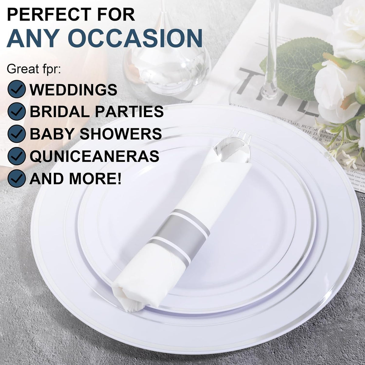 400PCS Pre Rolled Silver Plastic Silverware Sets - Heavy Duty Silver Cutlery - Include 100 Pack