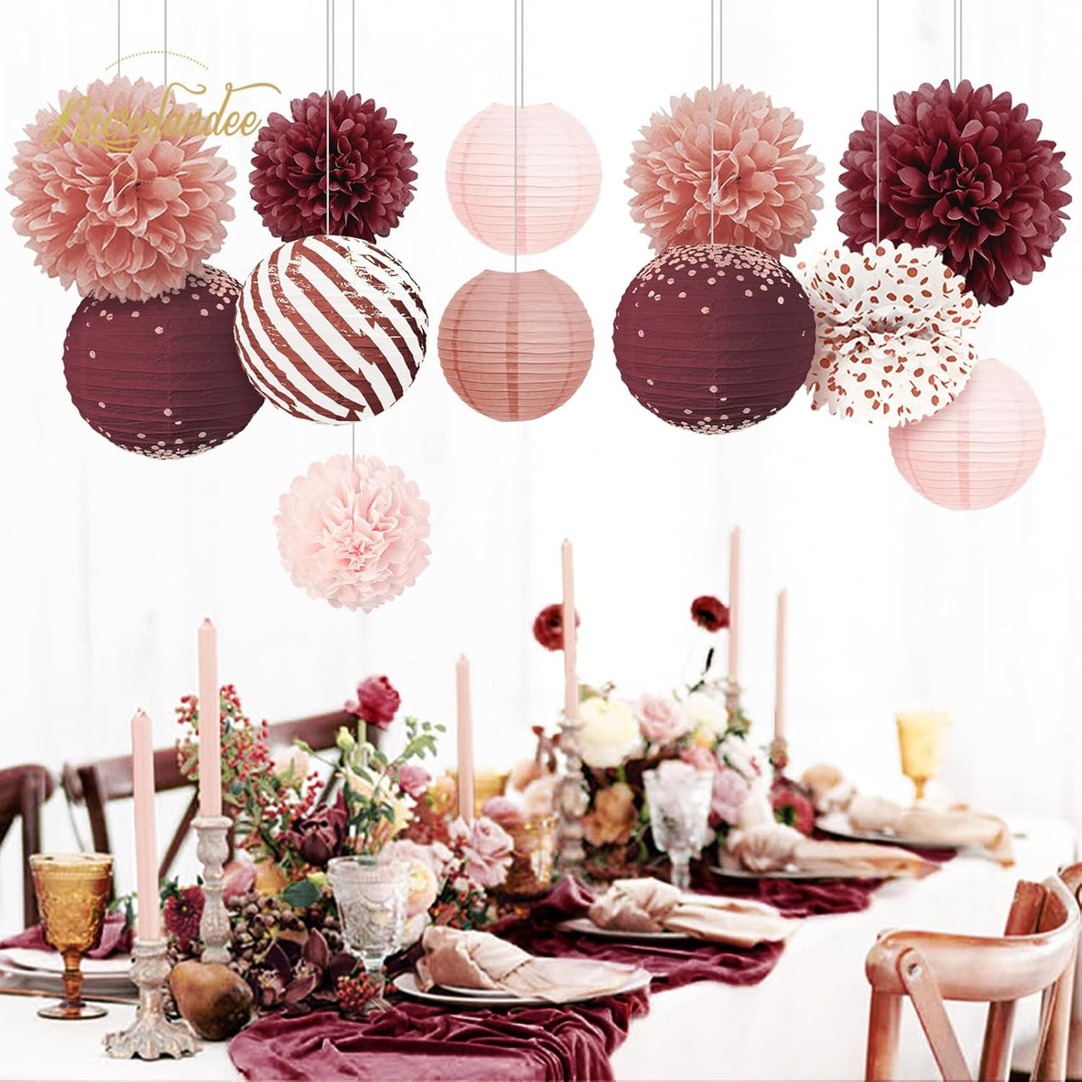 NICROLANDEE Burgundy Party Decorations 12PCS Hanging Paper Lanterns Tissue Pom Poms Decor for