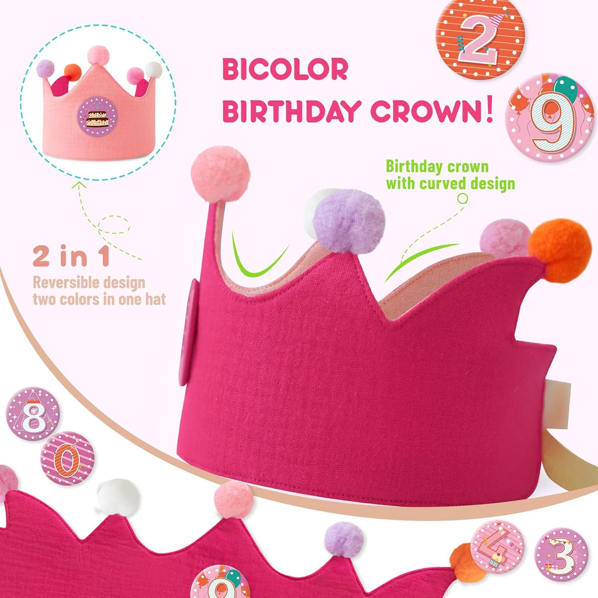 Reusable Birthday Crown with Numbers,Kids Birthday Hat Fabric Crown Pertain Kids Boy Toddler Girl