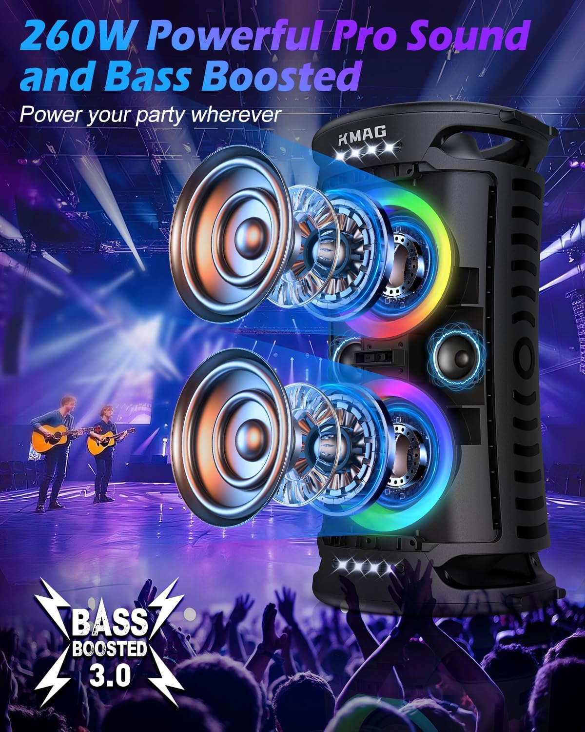 Large Bluetooth Speaker, 260W Peak Powerful Loud Sound with Deep Bass, 15Hr Playtime, Fast Charge