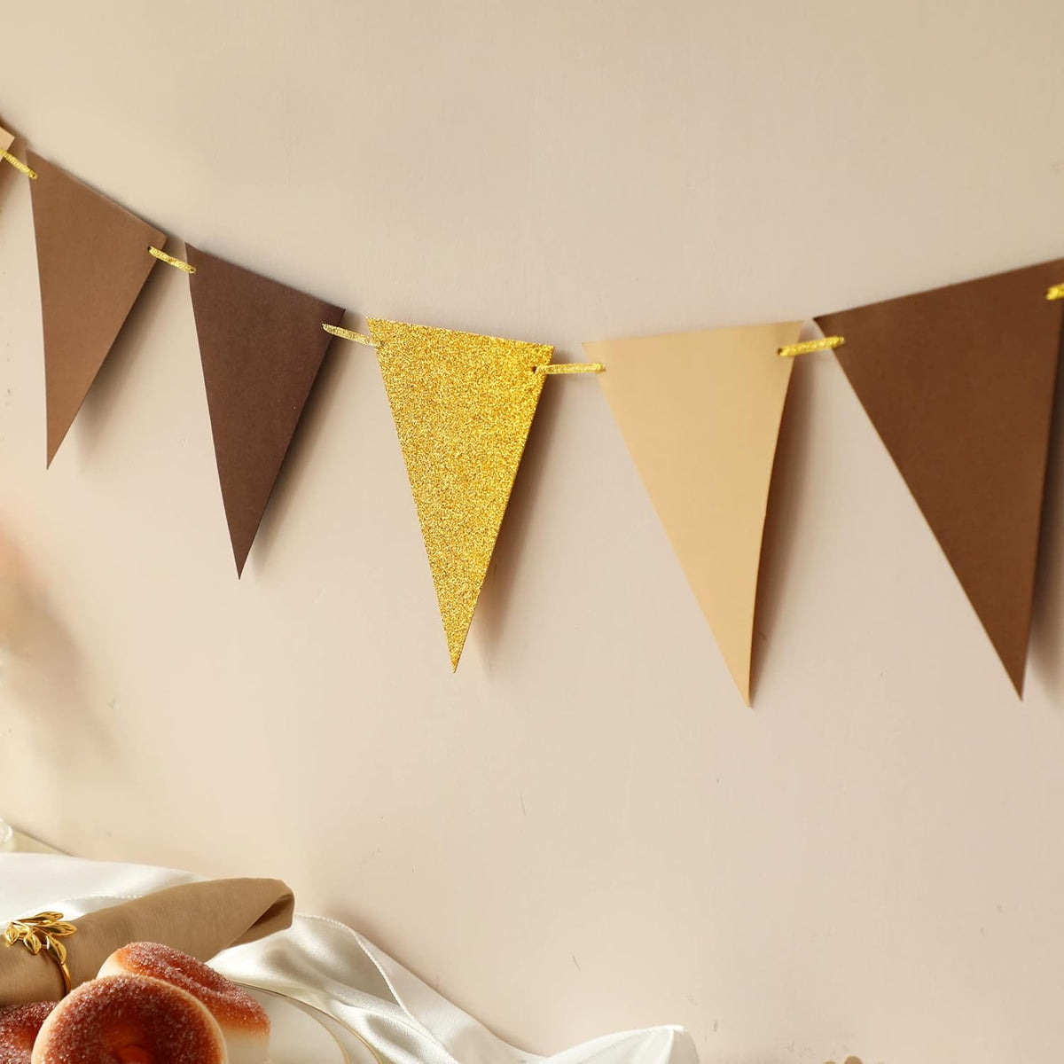 Fonder Mols Paper Pennant Party Decorations Coffee Brown Gold(10 Feet), Triangle Flags Bunting for