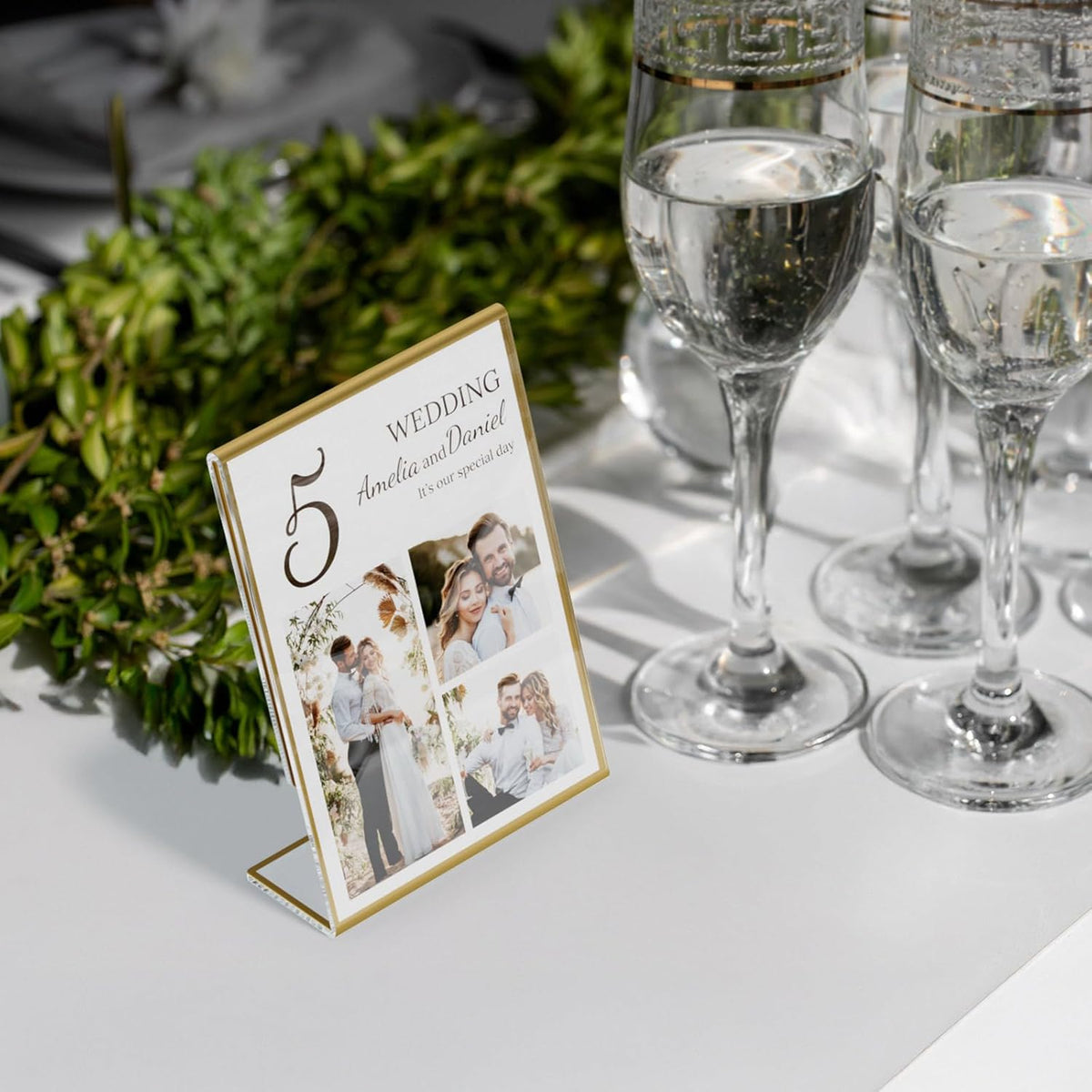 NIUBEE 6 Pack 5 x 7 Acrylic Gold Frame, Slanted Back Table Sign Holder for Wedding Table Numbers