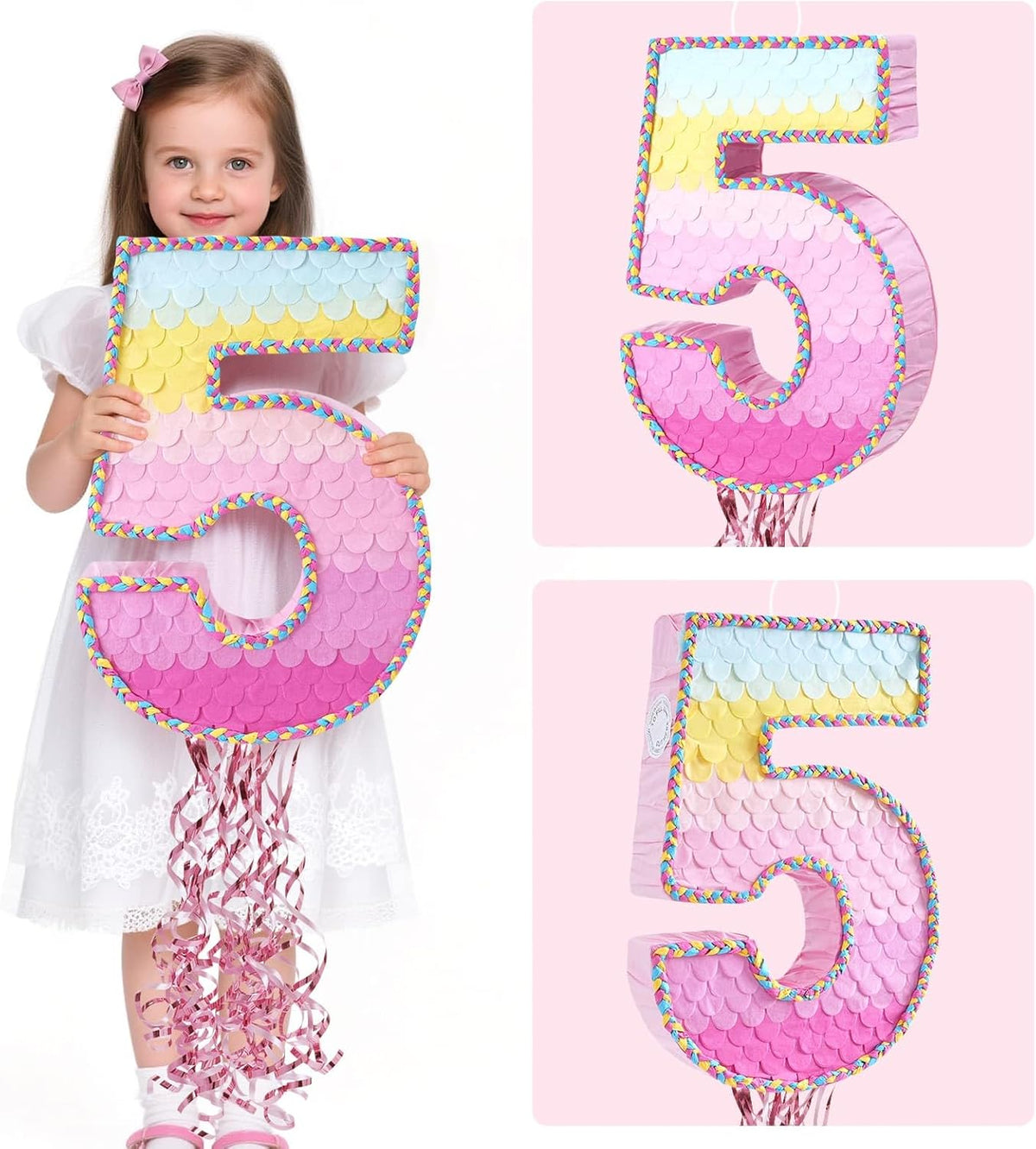 WERNNSAI Pink Sweet Five Pinata - Number 5 Pinata Happy Birthday Decoration Pink Rainbow Design