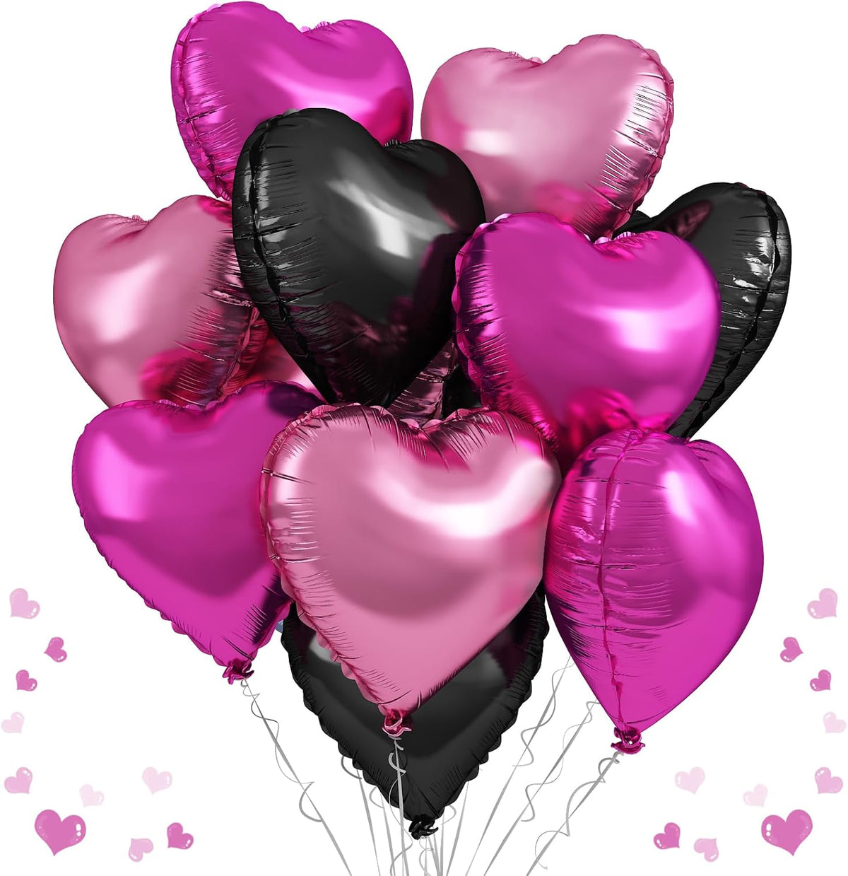 Pink Black Heart Foil Balloons, 12Pcs 18 Inch Hot Pink and Black Heart Shaped Foil Helium Balloon