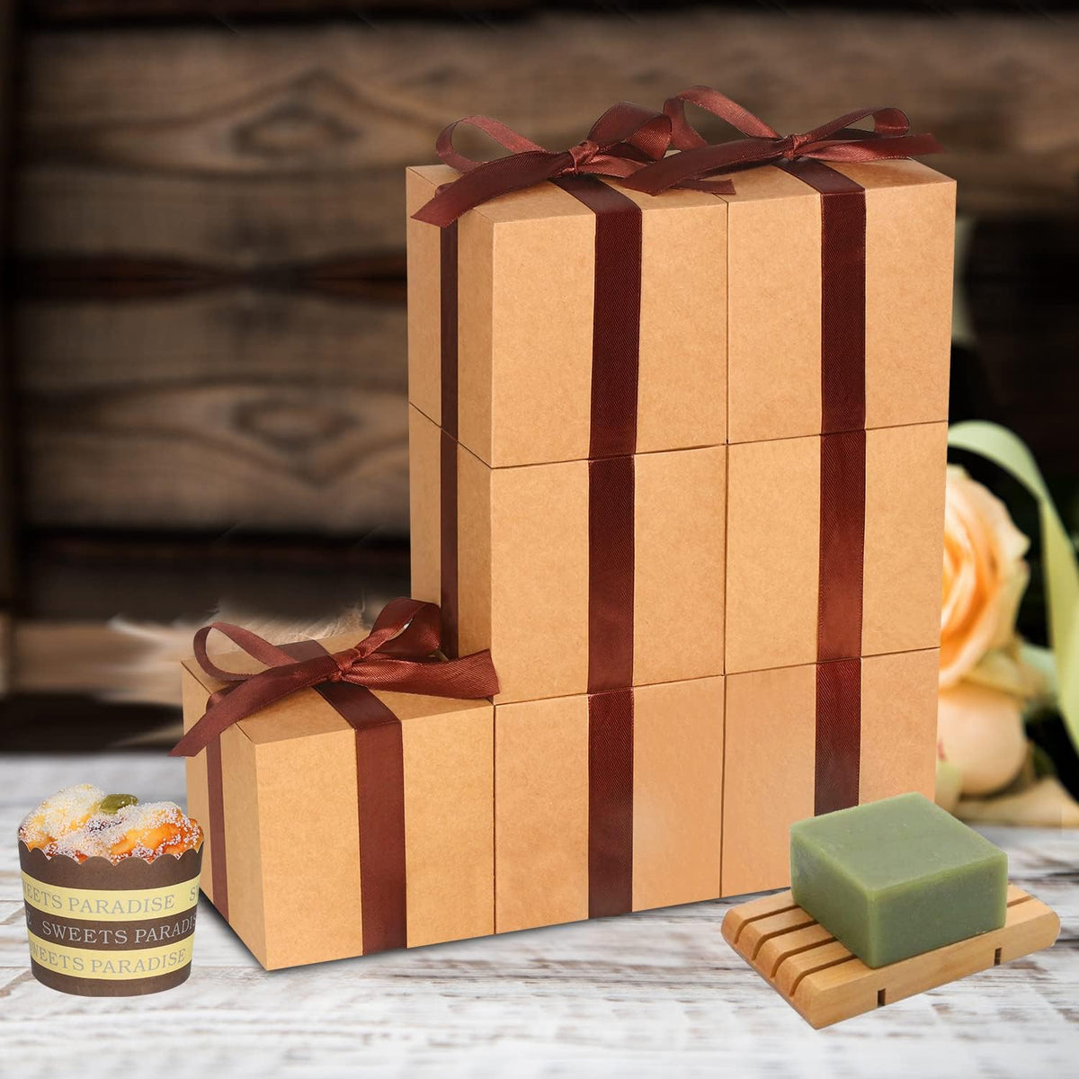100 Pack Small Gift Boxes, 4x4x4 Inches Favor Boxes Brown Paper Gift Boxes with Lids for Presents
