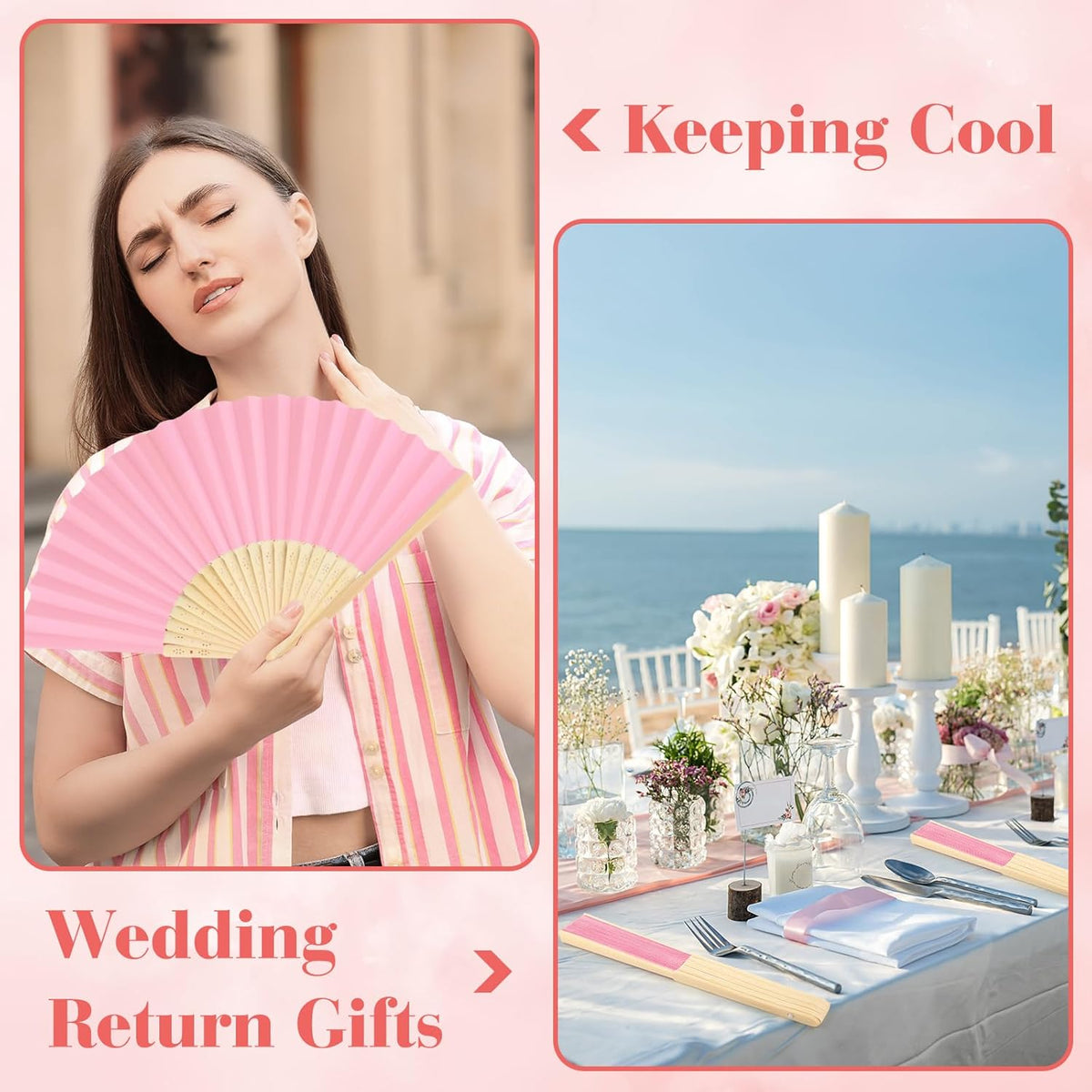 6 Pieces Pink Hand Held Bamboo Folding Fans Foldable Paper Fans Handheld for Women Girls Wedding