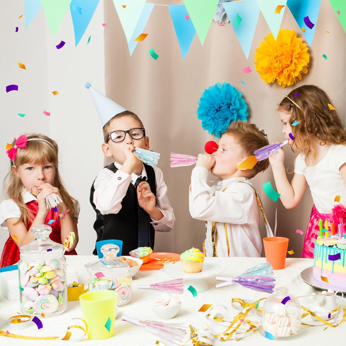 72 pcs Party Blowers, Noise Makers Glitter Metallic Fringed Party Horns for Birthday Blow Horns