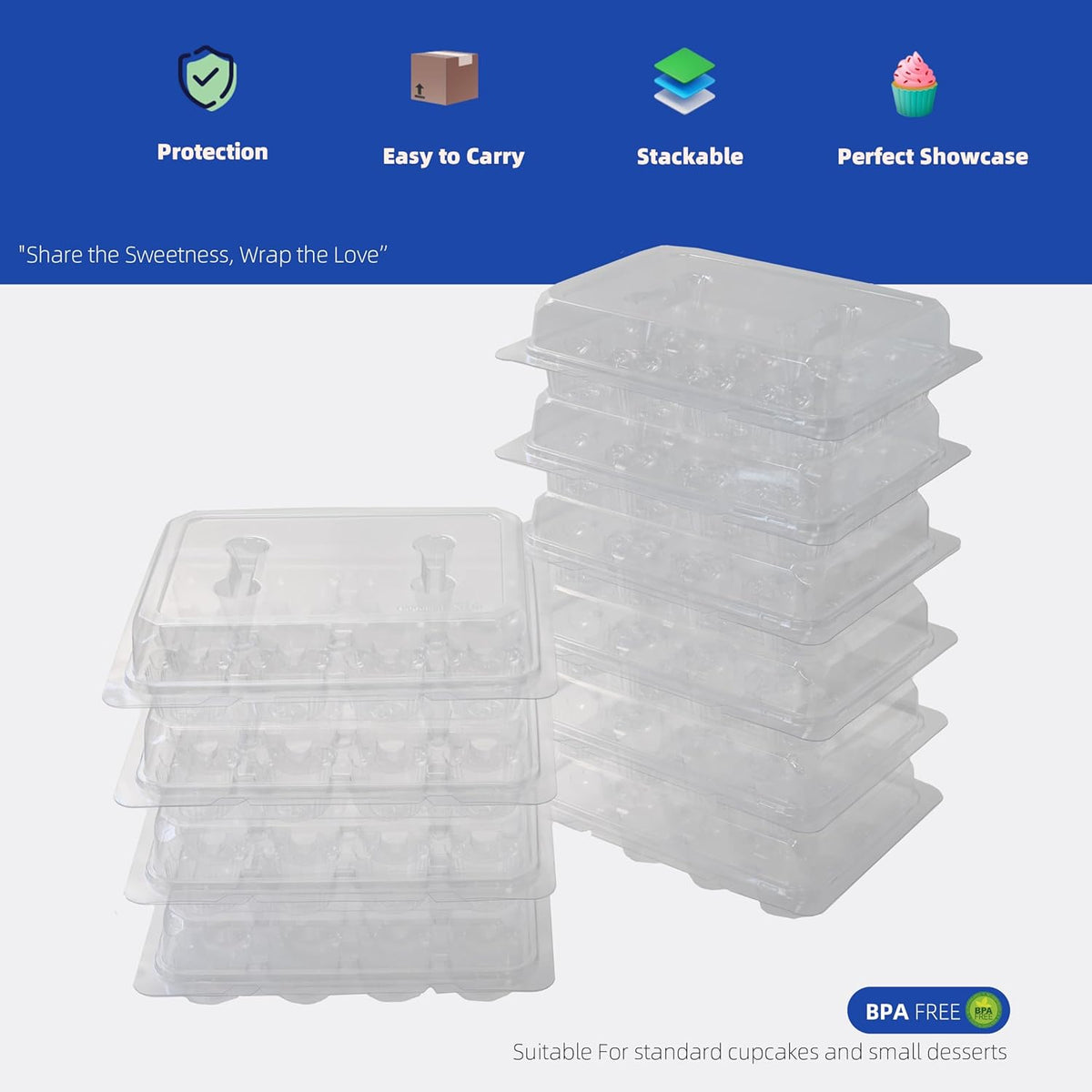 Cupcake Carriers for 12 Cupcakes,Premium Crystal-Clear Cupcake Boxes - 12 Sets of 10-Pack Standard